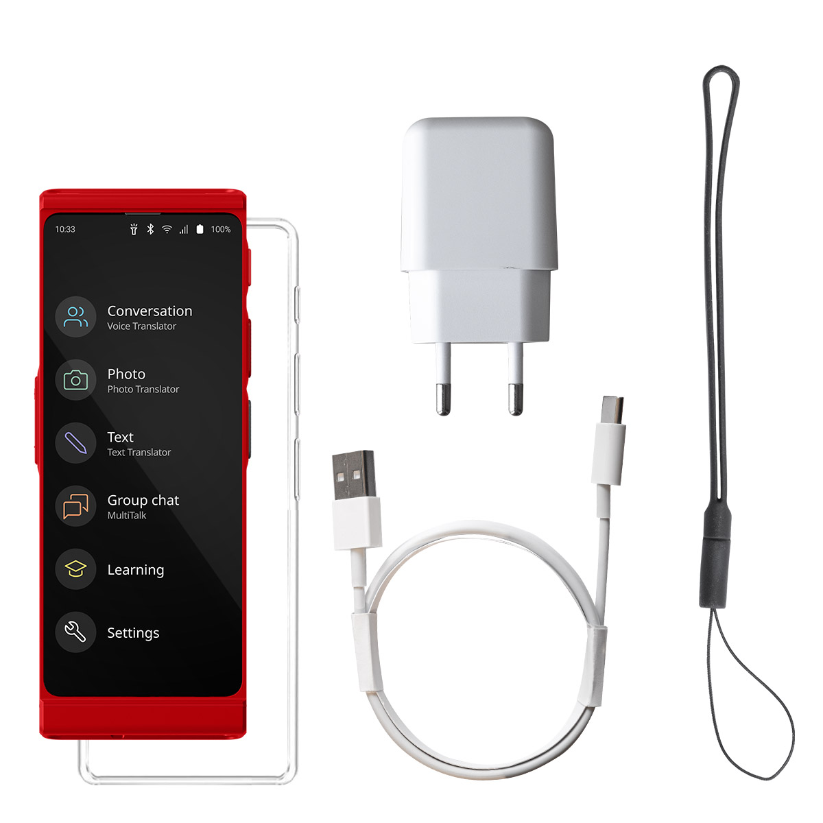 Rotes Mobiltelefon mit Zubehör: Ladegerät, Kabel und Lanyard.