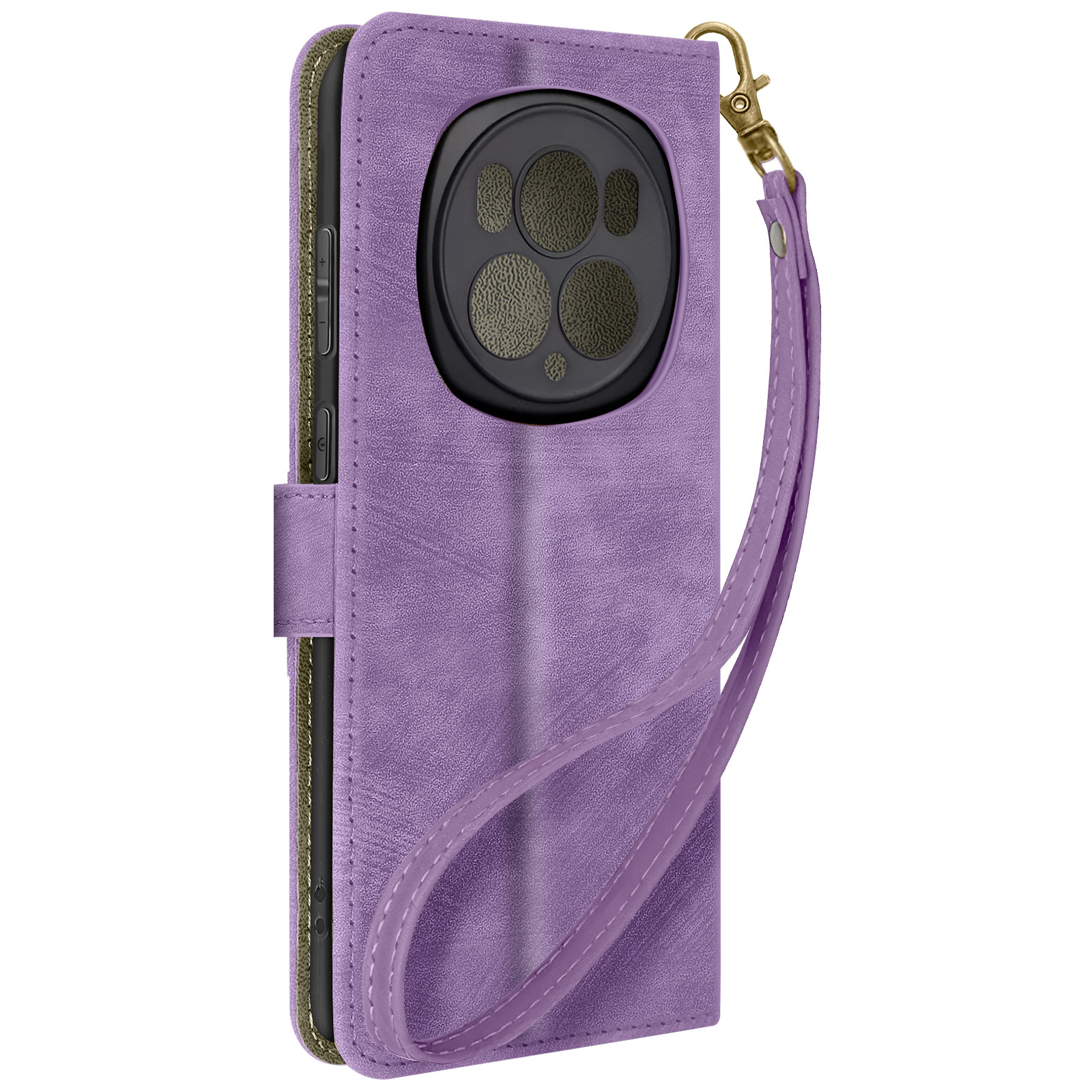 Custodia per telefono viola, chiusa, con cinturino da polso. La custodia ha una trama simile alla pelle.
