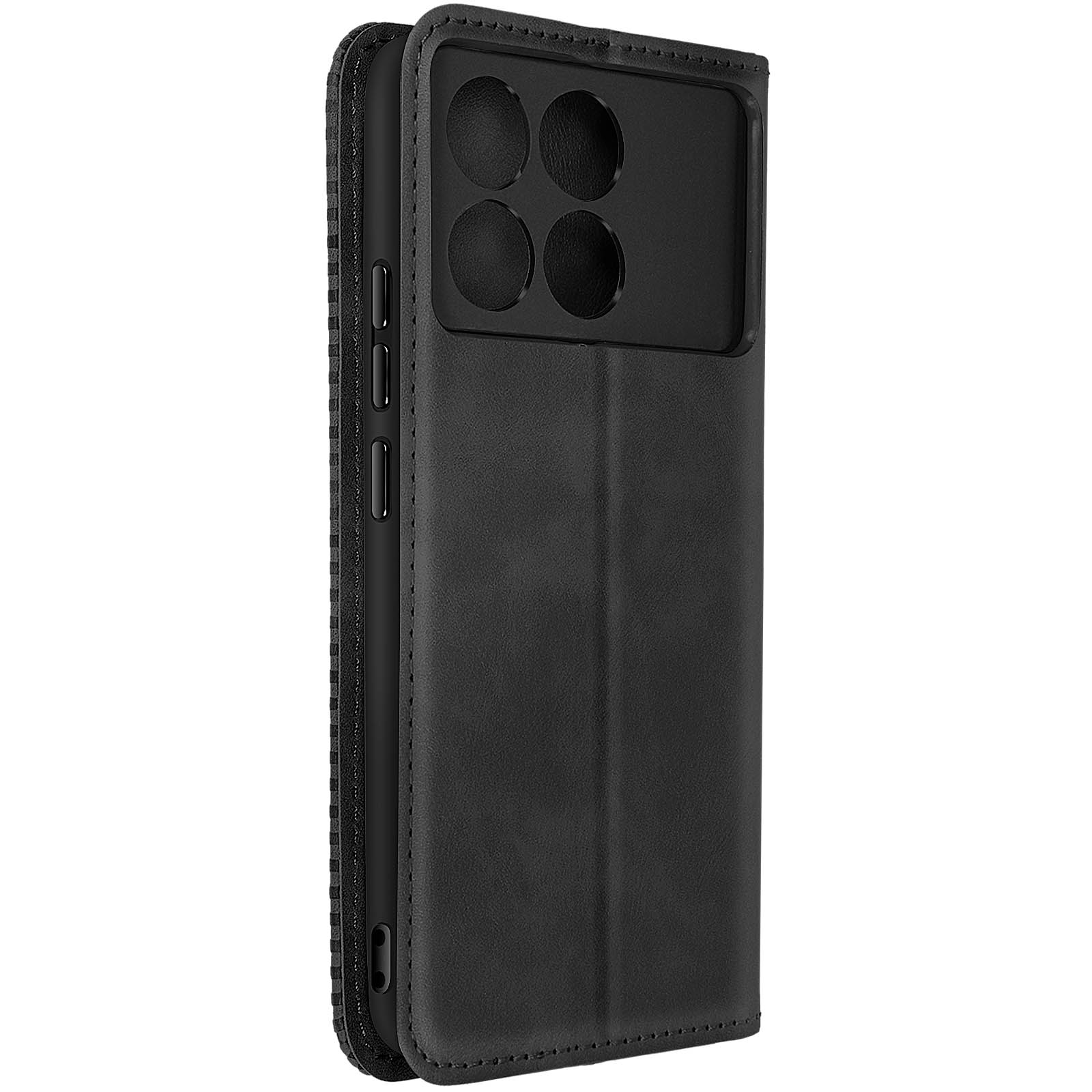 Custodia per telefono nera, chiusa. Ha un ritaglio per la fotocamera e pulsanti. È in pelle.