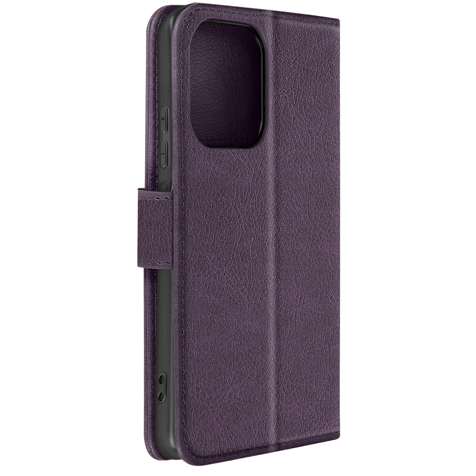 Custodia per telefono viola effetto pelle. La custodia ha una patta e una chiusura magnetica.