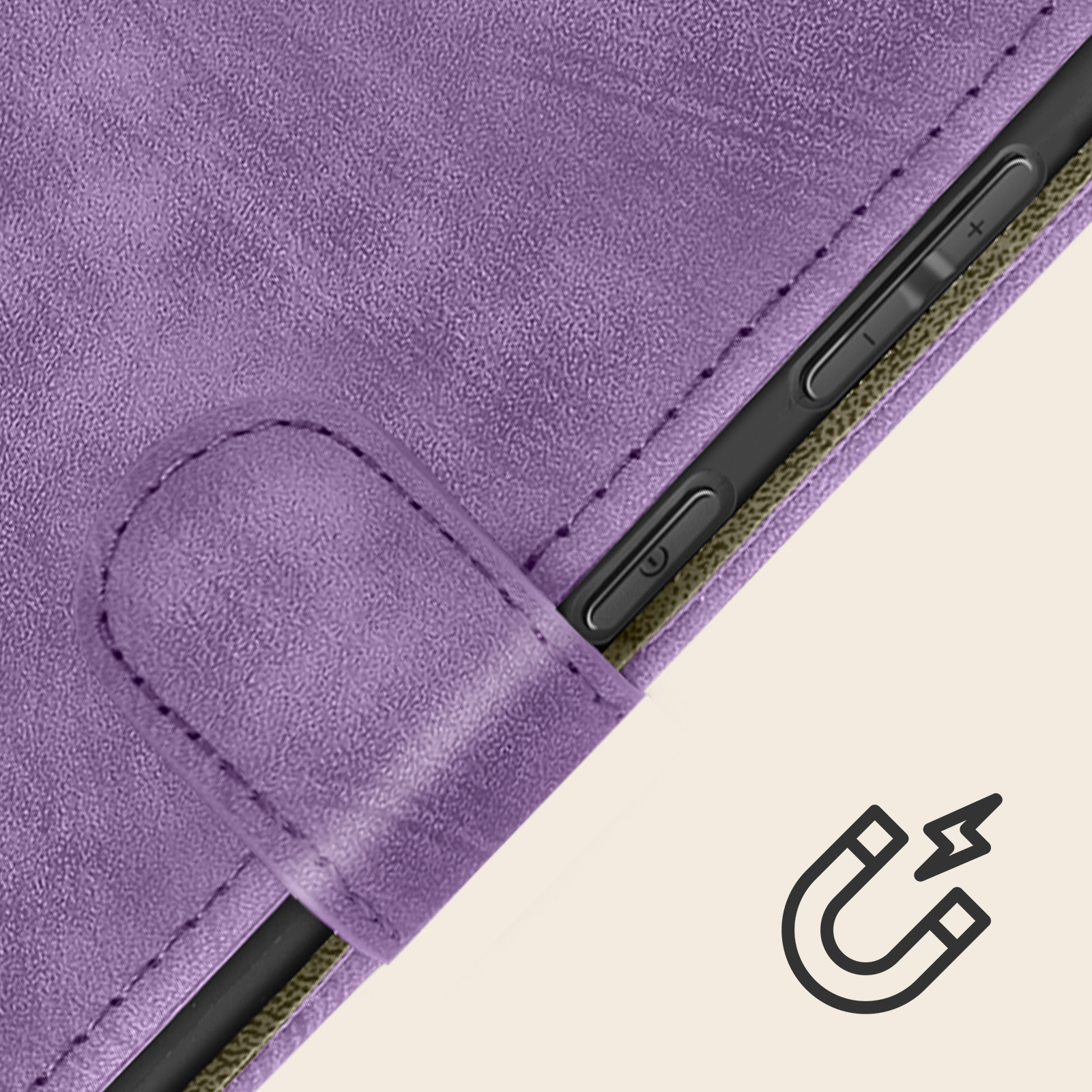 Custodia per telefono viola con chiusura magnetica e dettaglio del telefono.