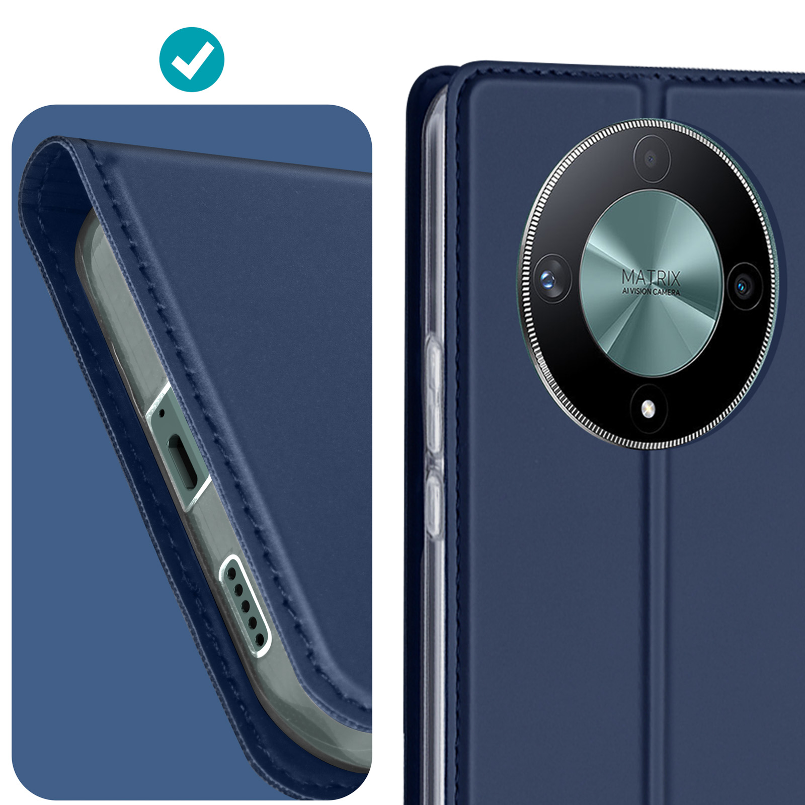 Coque de téléphone bleue avec découpe pour objectif, montrant le téléphone.