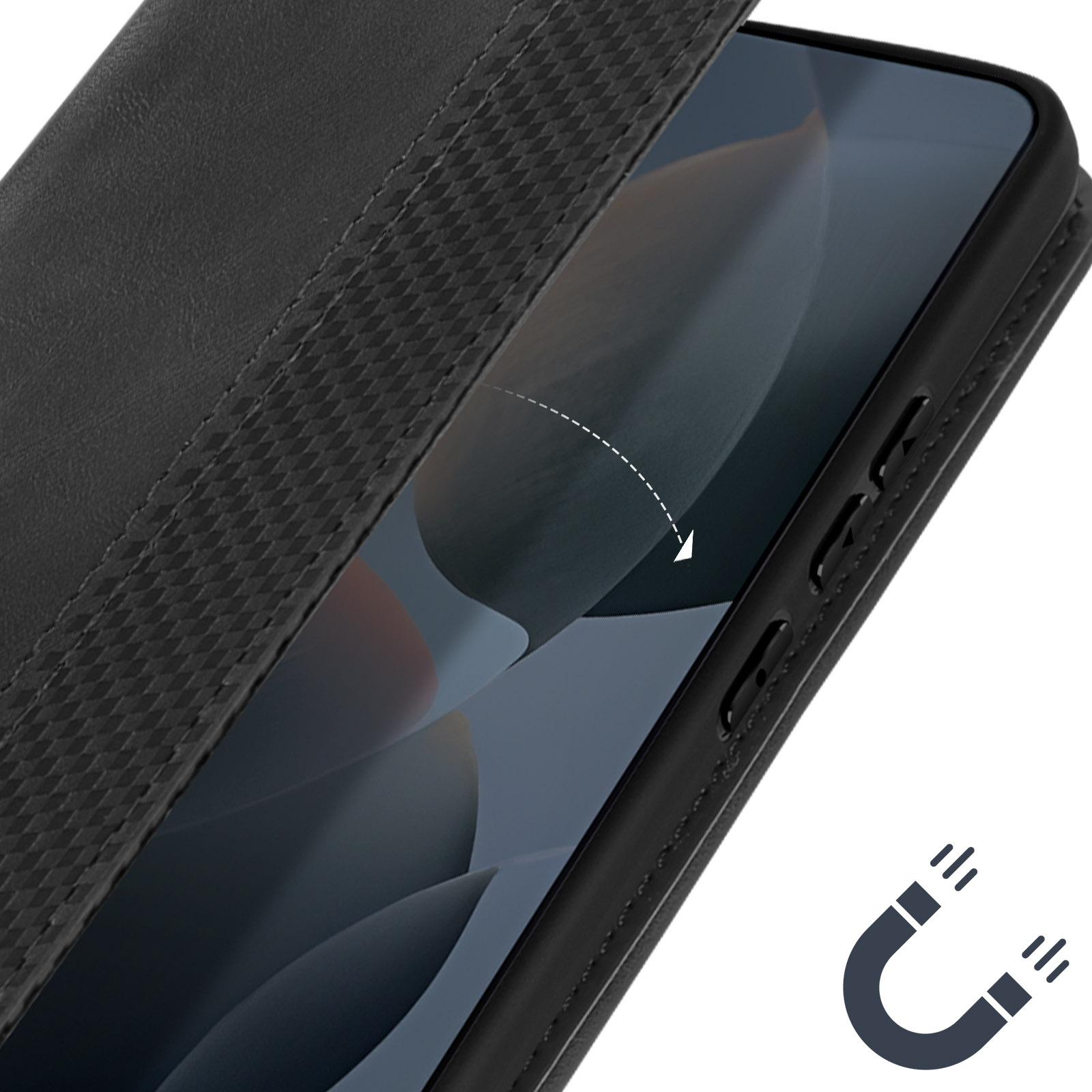 Una custodia per telefono nera con una superficie strutturata, che mostra un telefono all'interno e un'icona magnetica.
