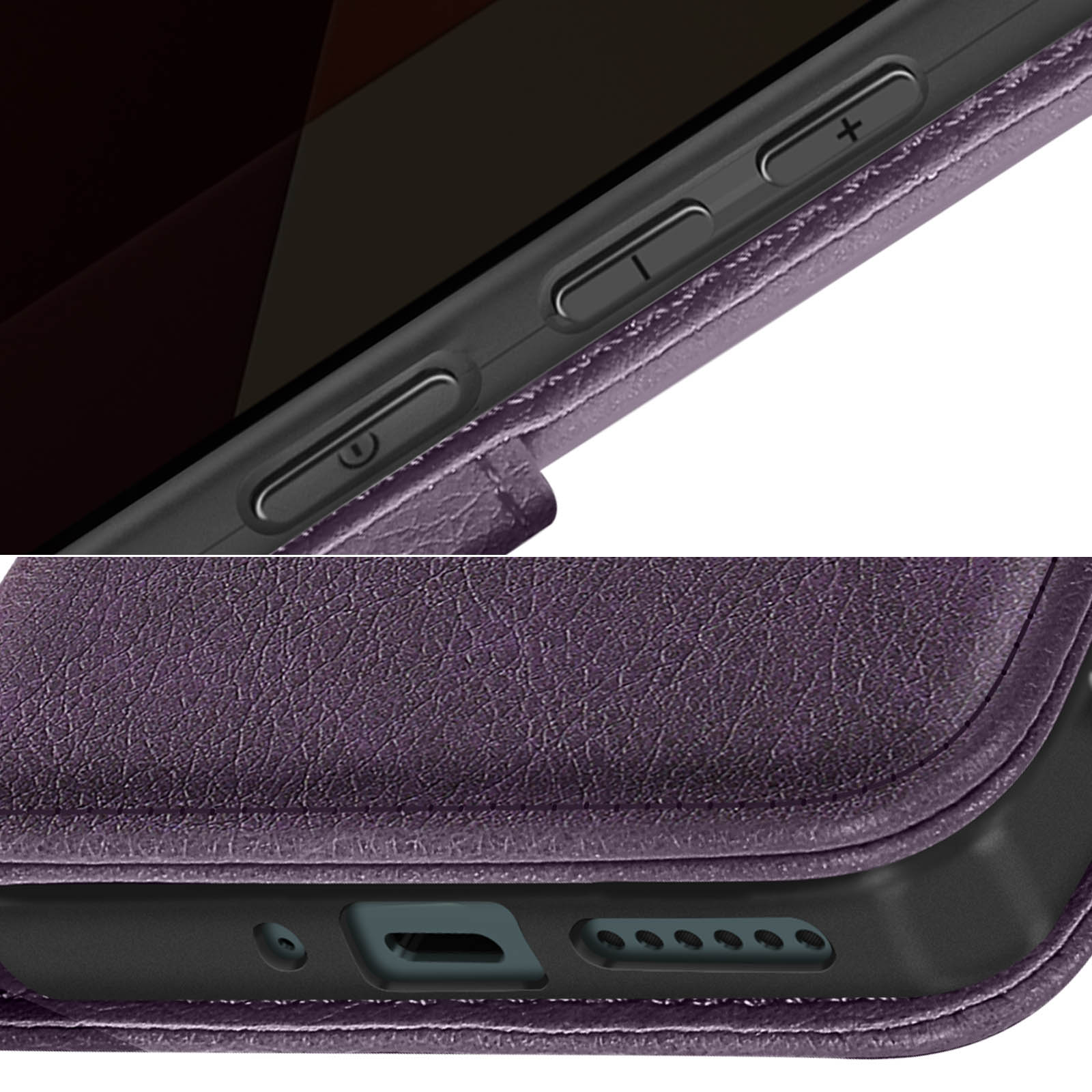 Primo piano di una custodia per telefono viola, con pulsanti e porte di ricarica visibili.