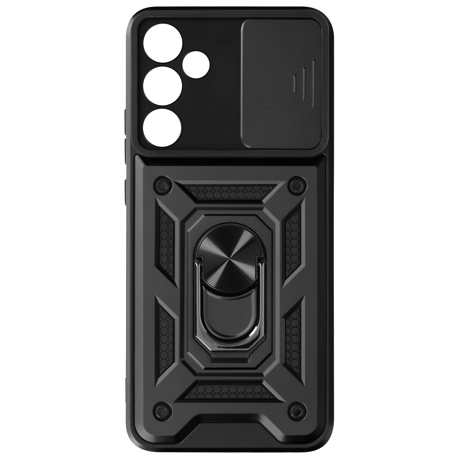 Custodia nera per telefono con supporto ad anello e copertura per fotocamera. La custodia ha un design robusto.