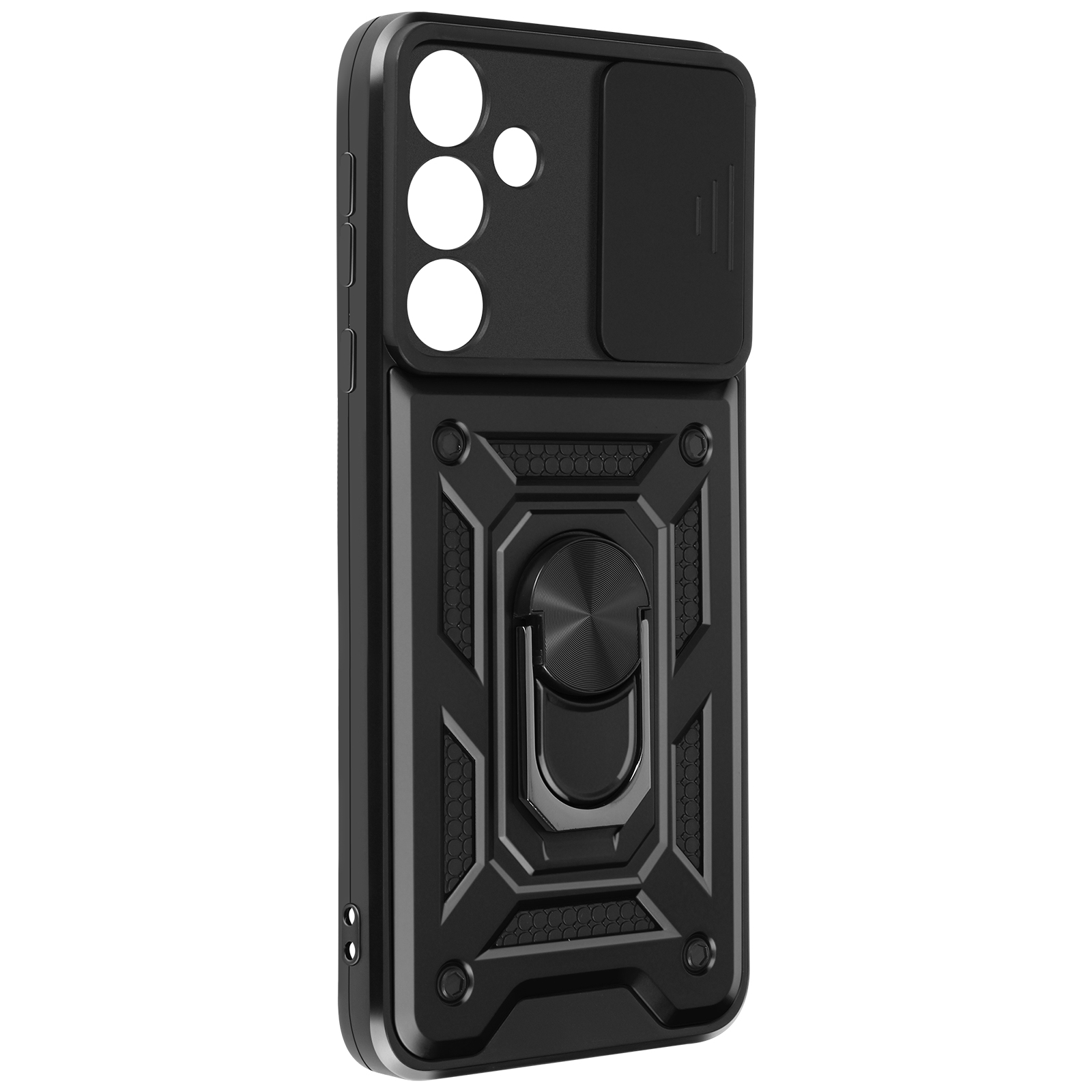 Una custodia per telefono nera con copertura scorrevole per fotocamera e supporto ad anello. La custodia ha un design robusto.