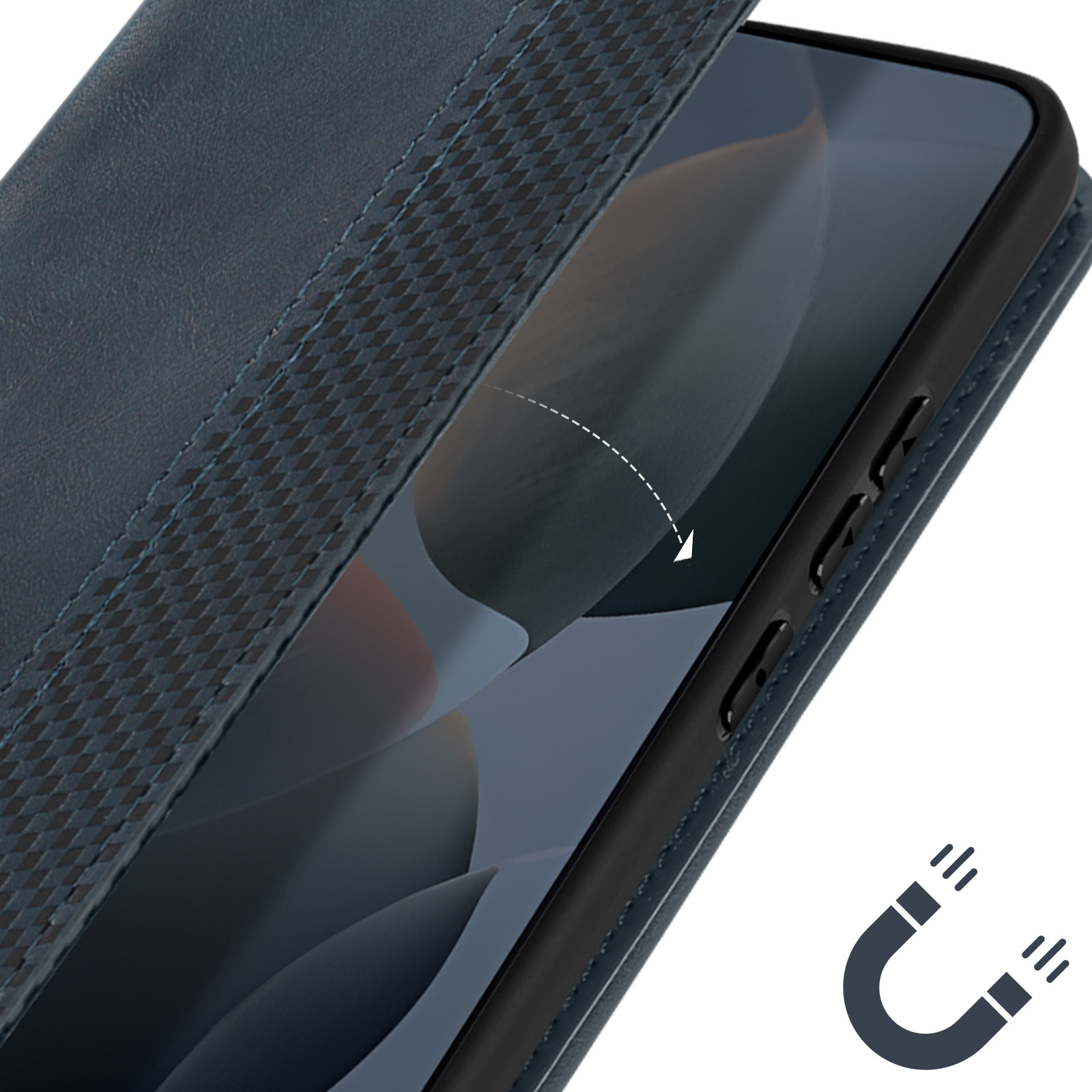Custodia blu per telefono, aperta. Mostra l'interno e lo schermo del telefono. Dettaglio di chiusura magnetica.