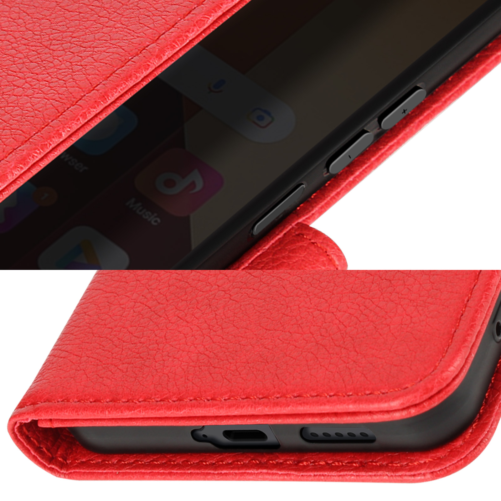 Rote Handyhülle, teilweise geöffnet, mit dem Telefon sichtbar innen.