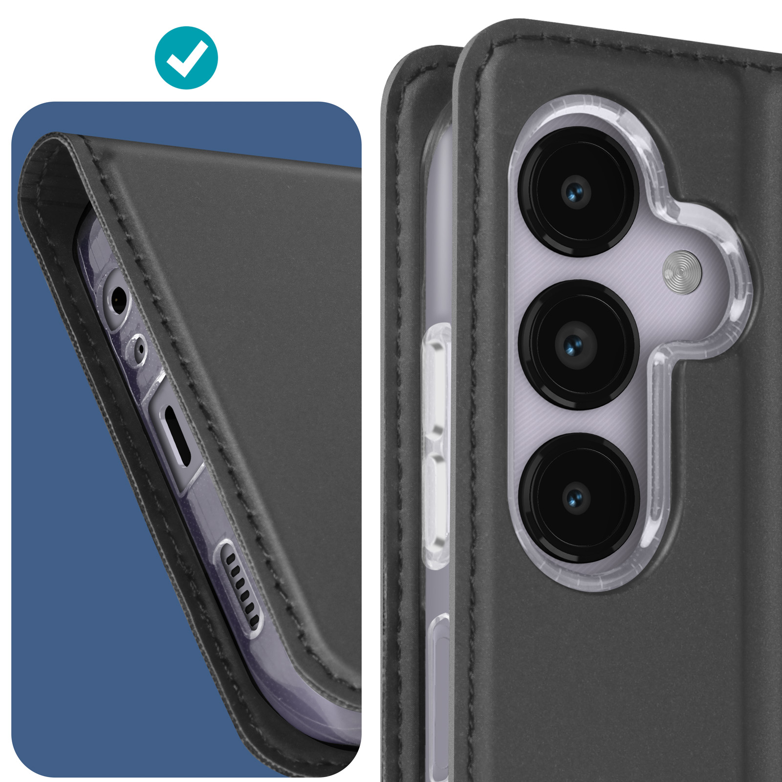 Eine geschlossene Handyhülle mit Telefon darin, mit einem Häkchen.