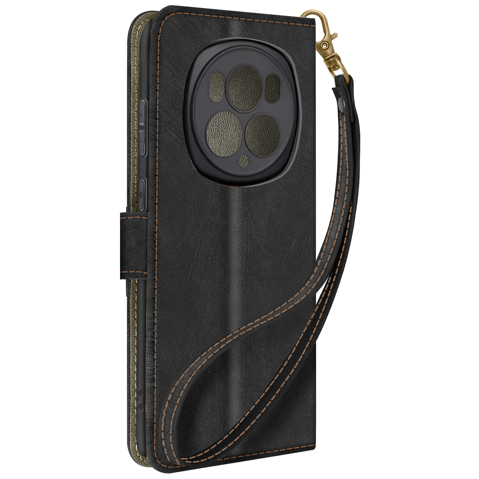 Un étui de téléphone en cuir noir avec un téléphone à l'intérieur, une dragonne attachée.