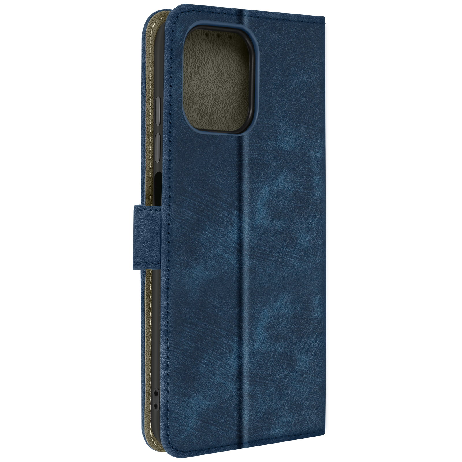 Custodia in pelle blu con interno marrone, chiusa con chiusura.