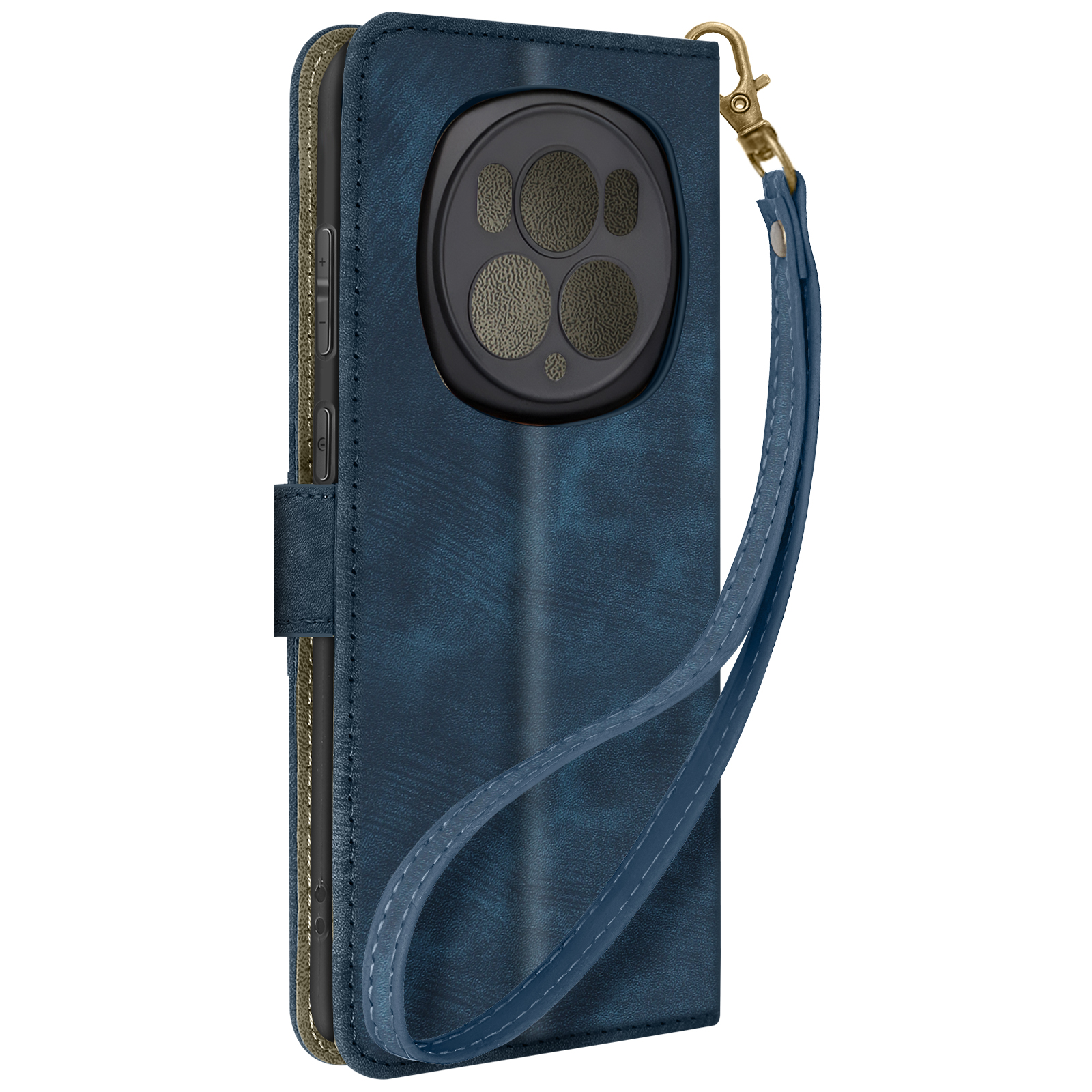 Étui de téléphone bleu avec découpe pour appareil photo. Sangle dorée et texture cuir. Fond blanc.