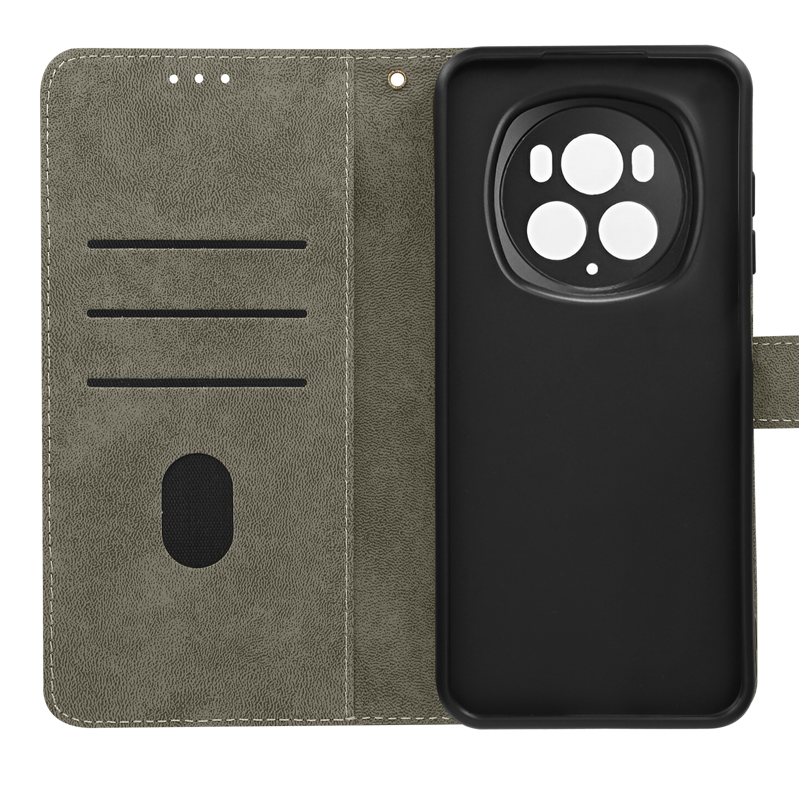 Étui portefeuille ouvert avec téléphone. L'étui est vert olive et noir.