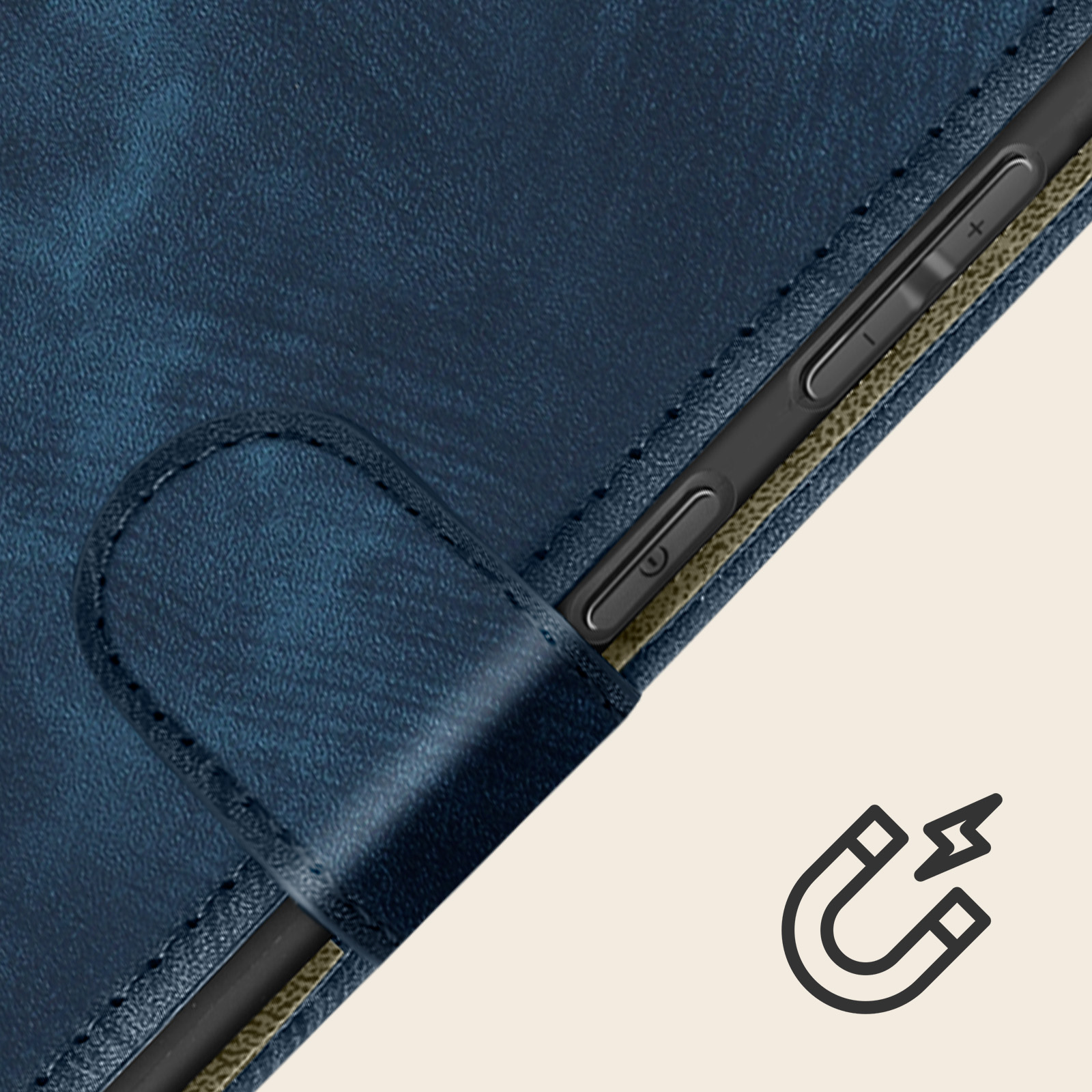 Coque de téléphone bleue avec fermoir magnétique. Icône d'aimant visible à droite.
