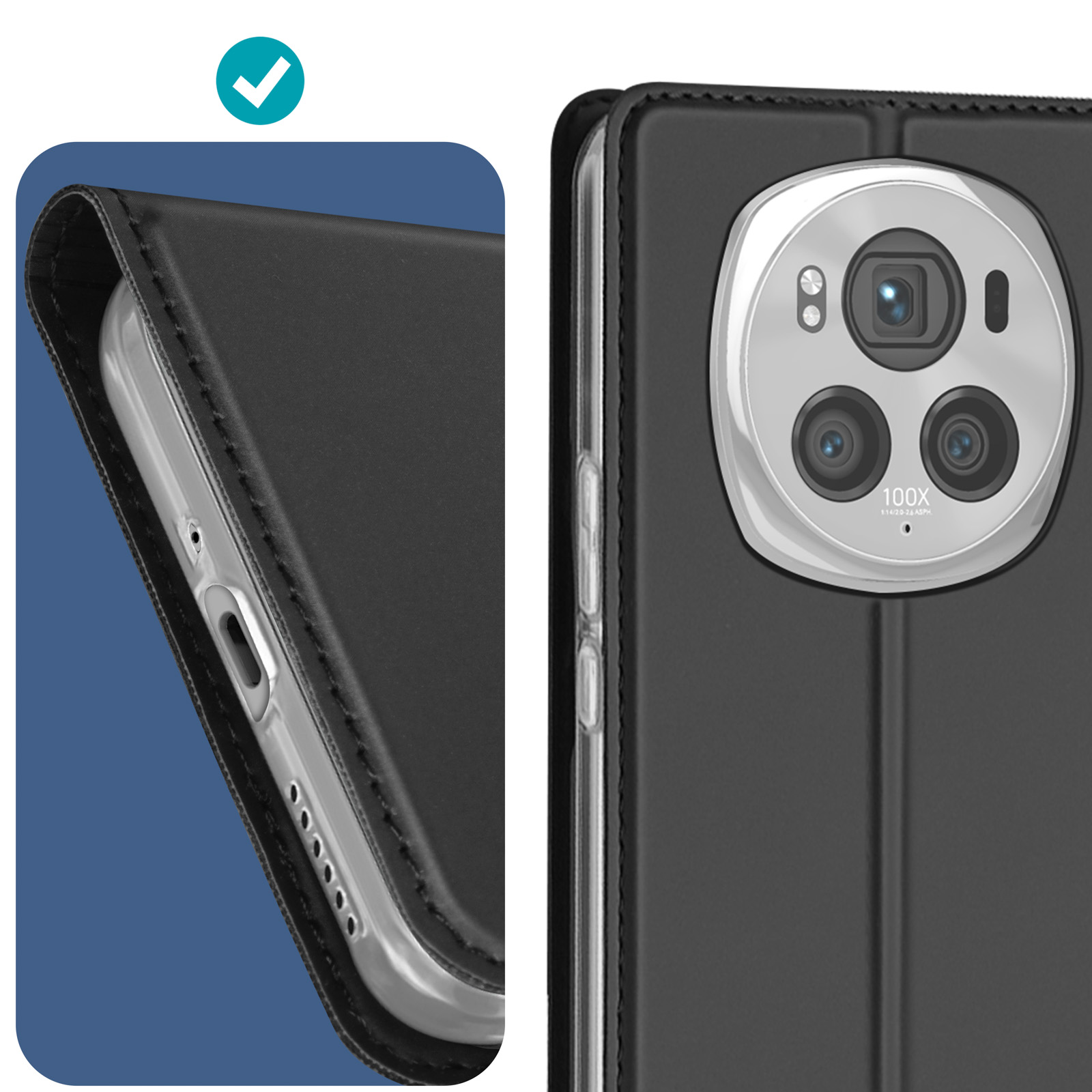 Gros plan sur un étui de téléphone avec la caméra visible. L'étui est noir et comporte une coche.
