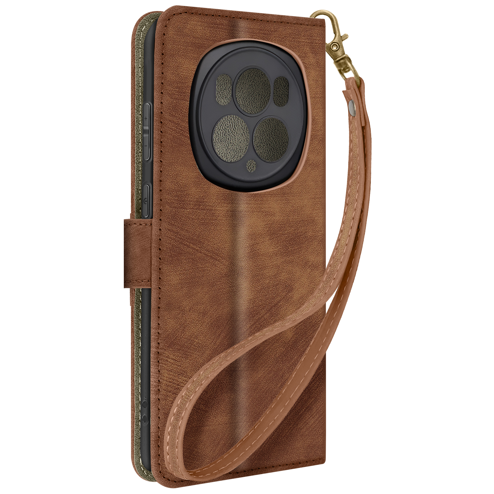 Custodia per telefono in pelle marrone con cinturino. Il telefono ha un rigonfiamento della fotocamera.