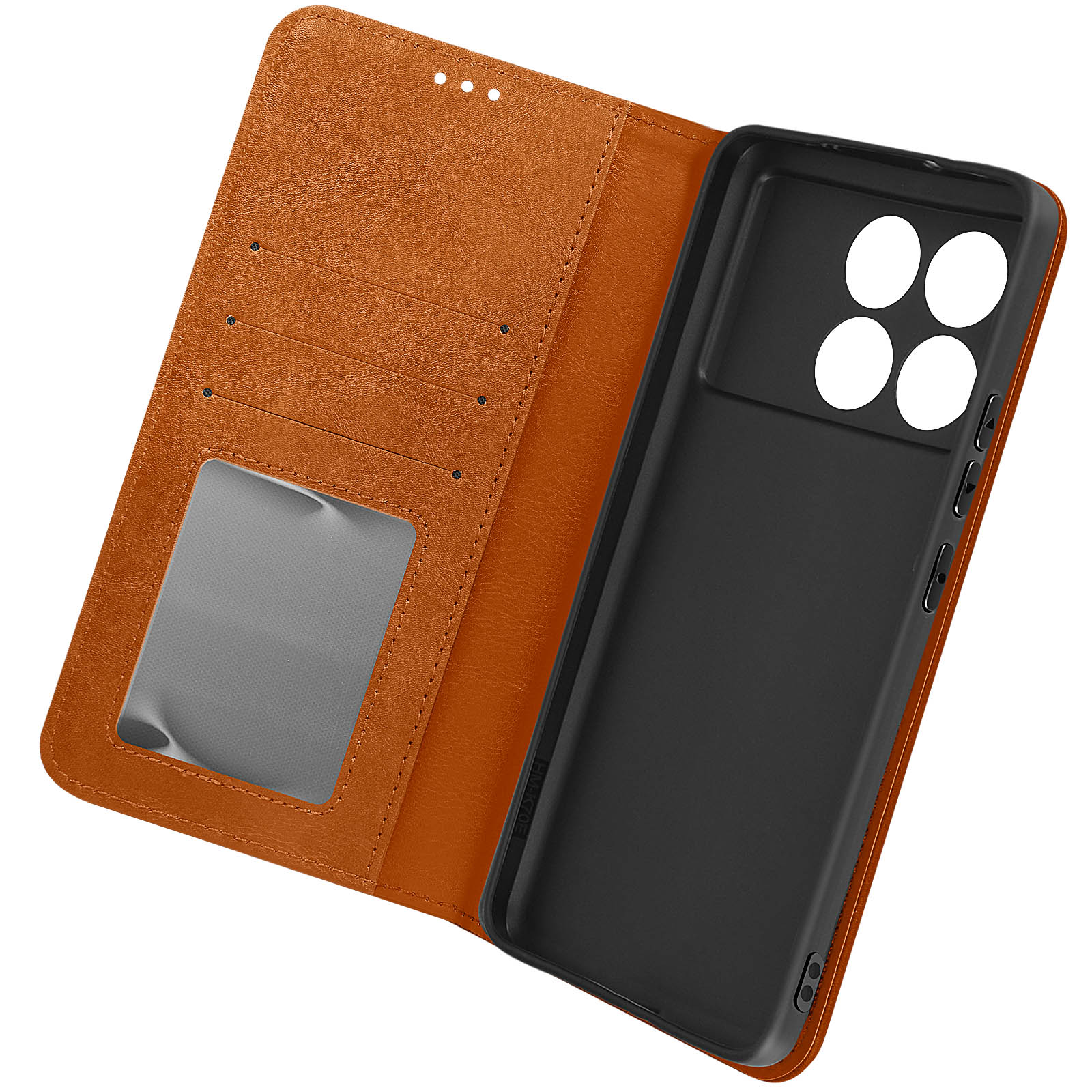 Custodia telefono in pelle marrone, aperta. Interno nero con fessure per carte e finestra trasparente.