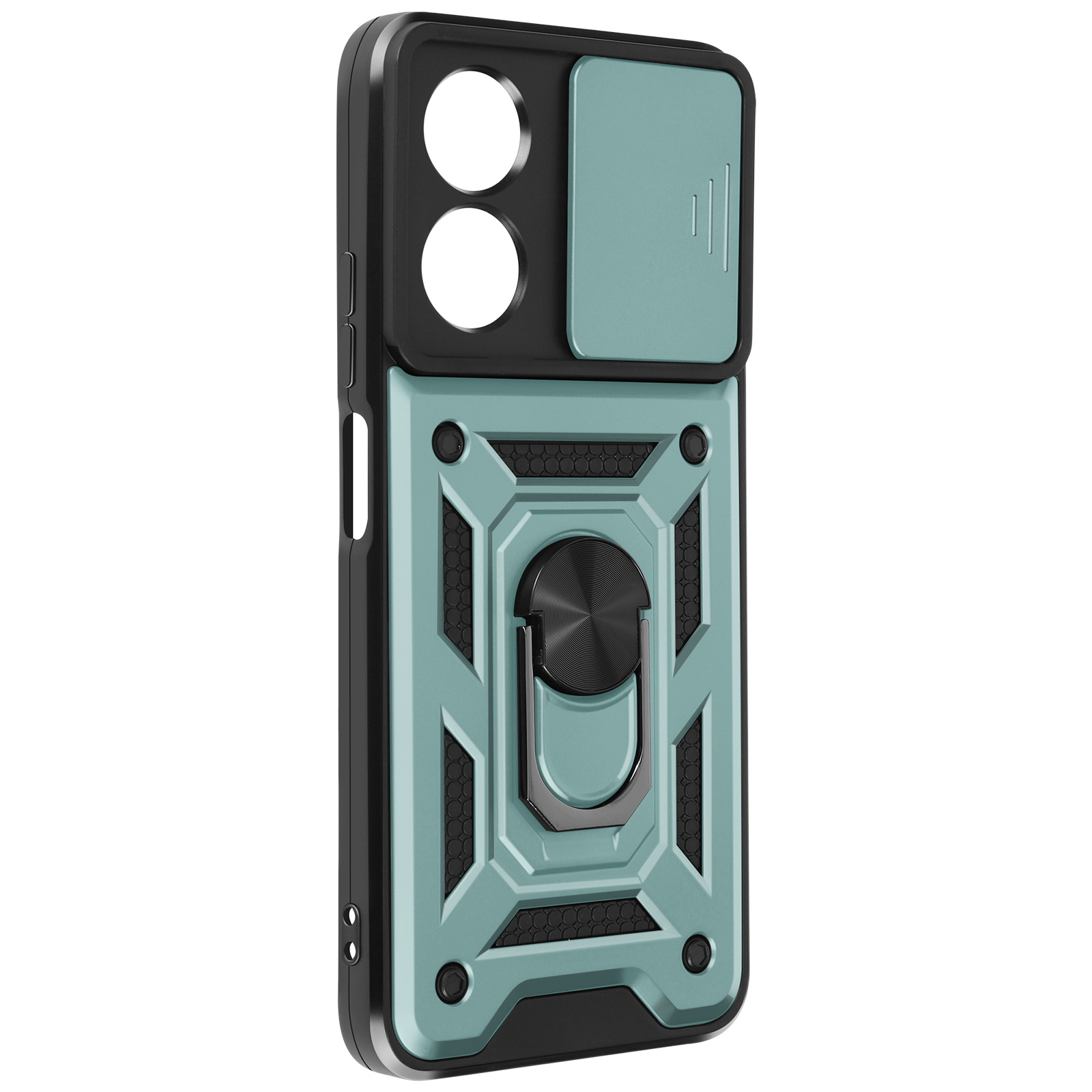 Custodia per telefono color turchese con dettagli neri, copertura fotocamera e anello di supporto.