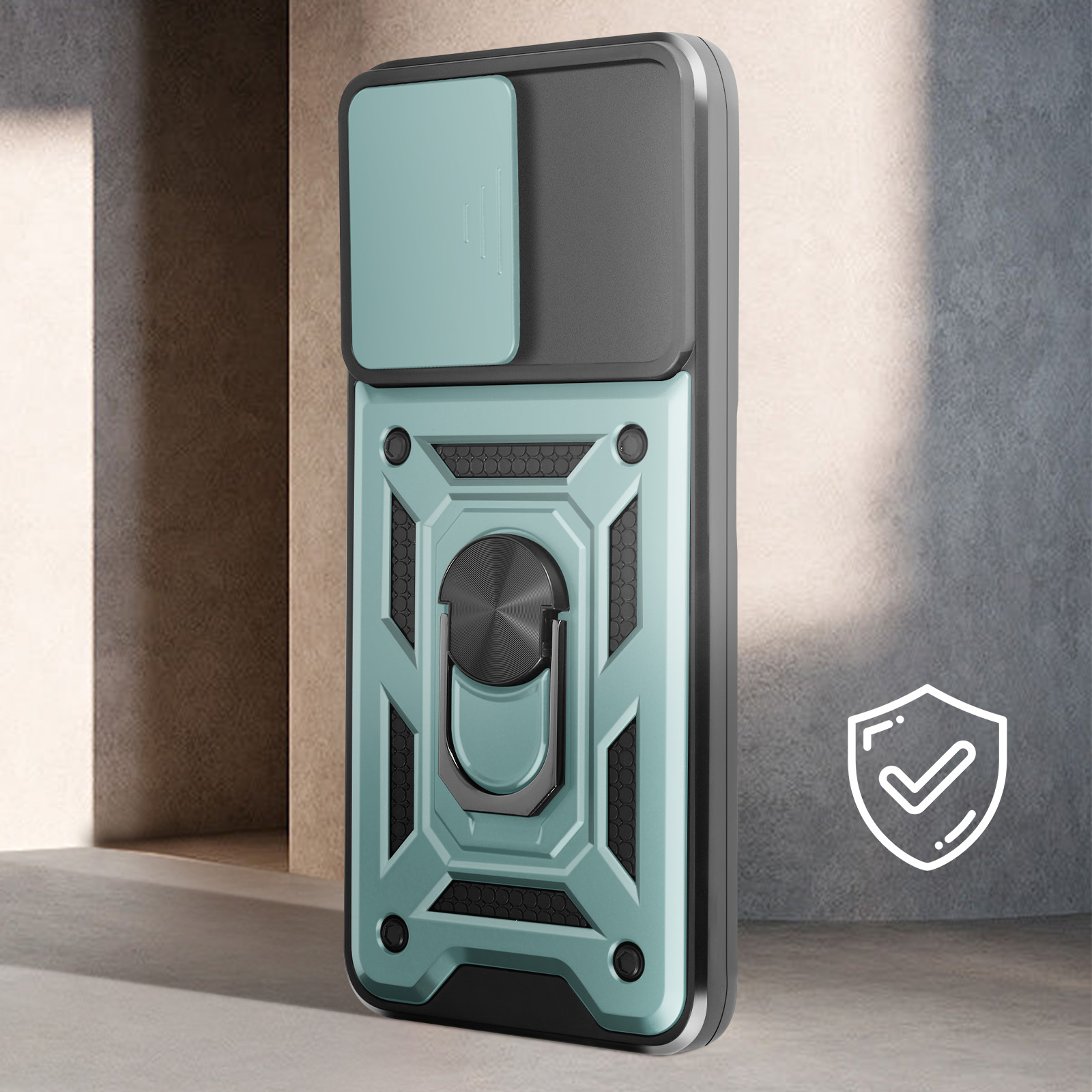 Custodia per telefono verde e nera con copertura scorrevole per fotocamera e anello metallico.