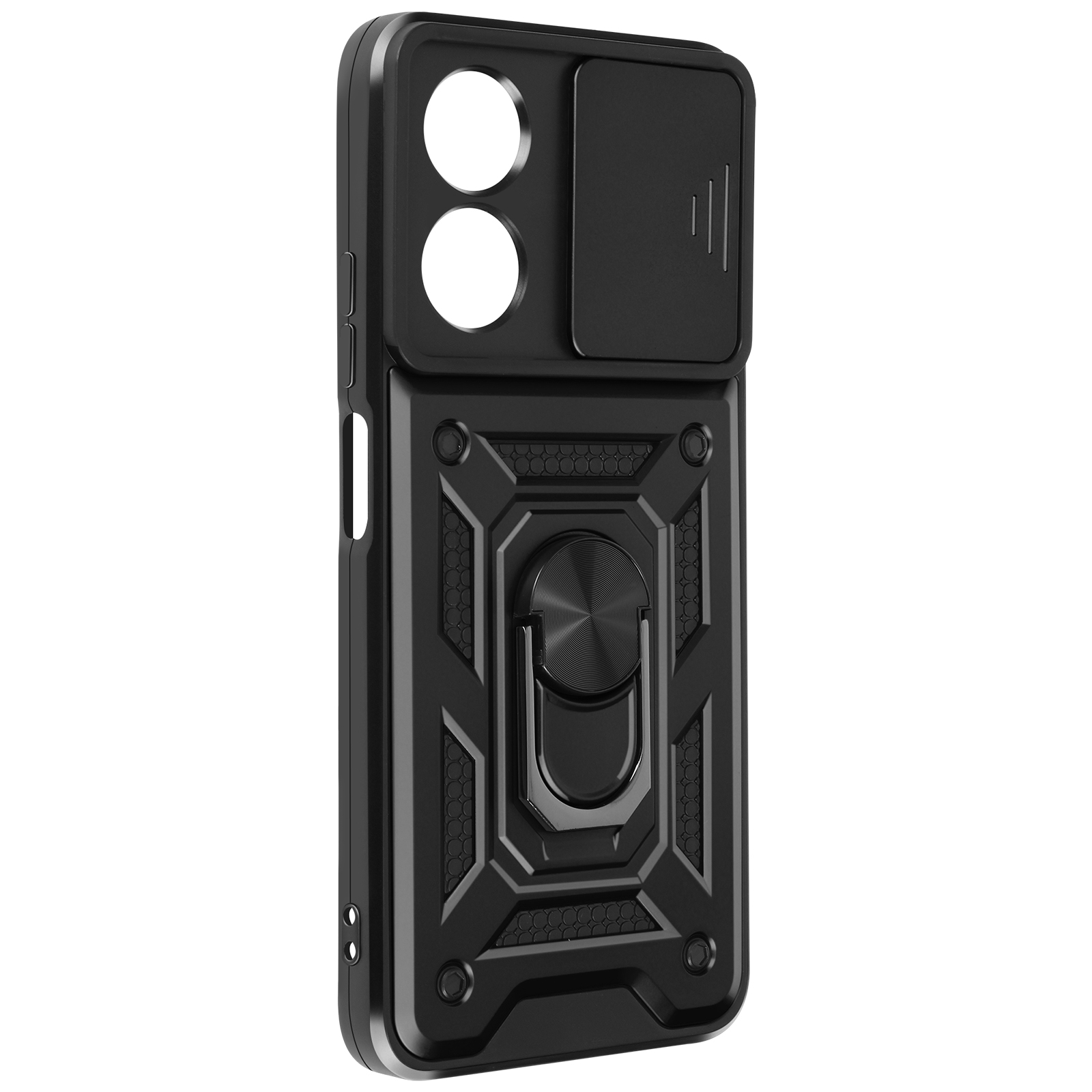 Custodia per telefono nera con copertura scorrevole per fotocamera e supporto ad anello.