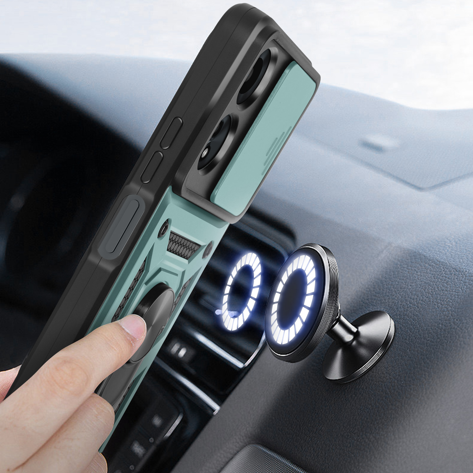 Un telefono in una custodia è attaccato a un supporto magnetico per auto. Il cruscotto è visibile.