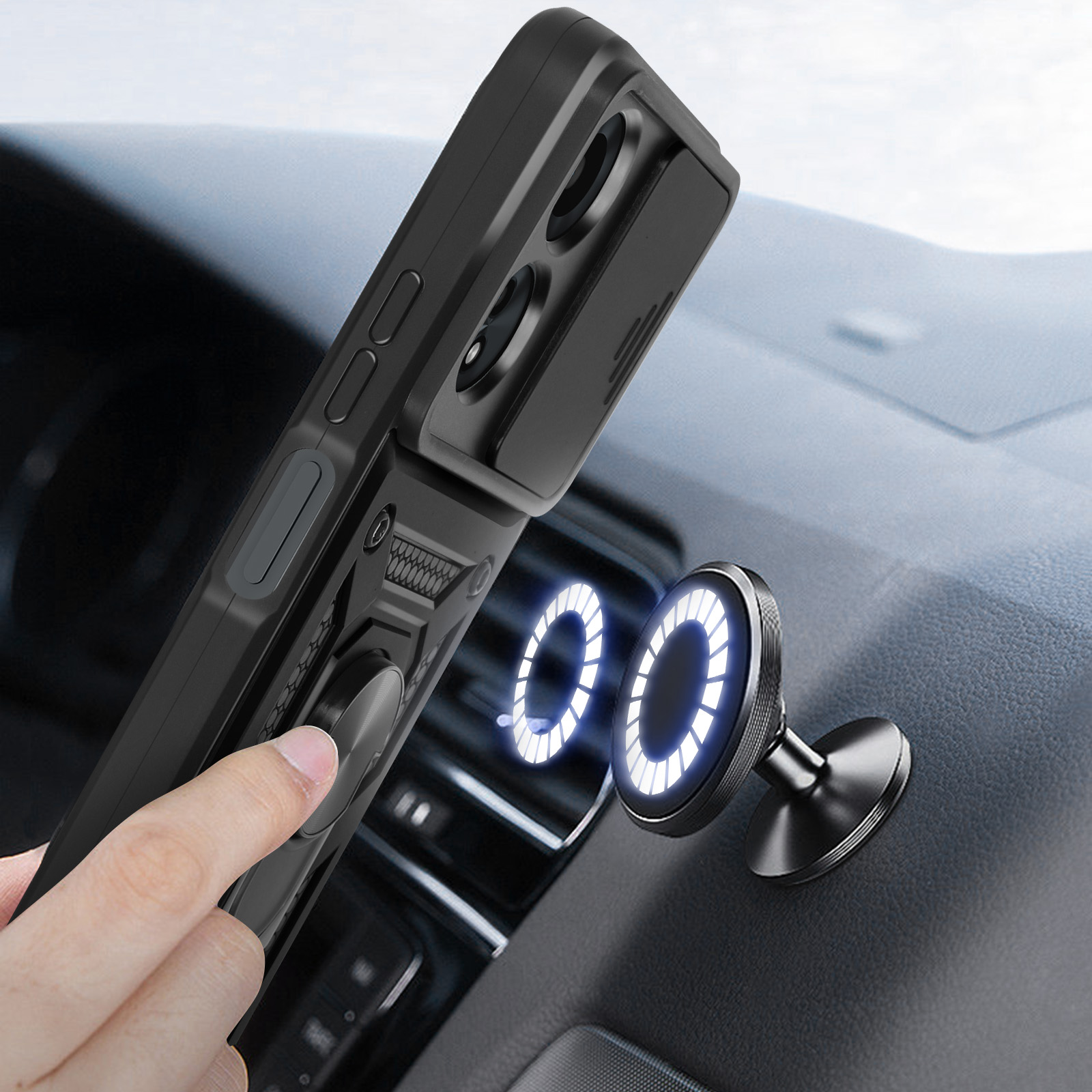 Custodia nera per telefono con anello magnetico e supporto per auto argentato, su cruscotto.