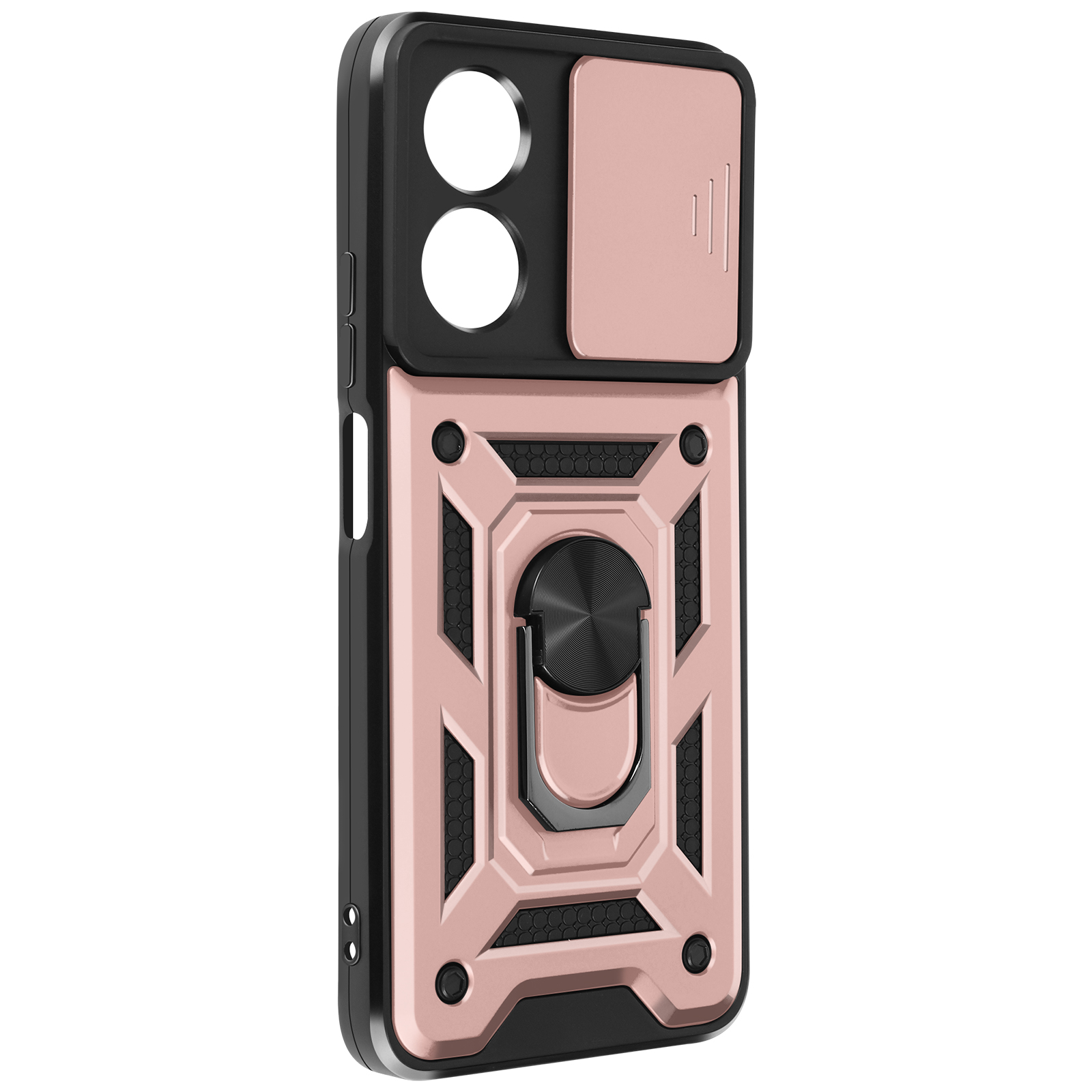 Custodia per telefono oro rosa e nera con copertura fotocamera e anello.