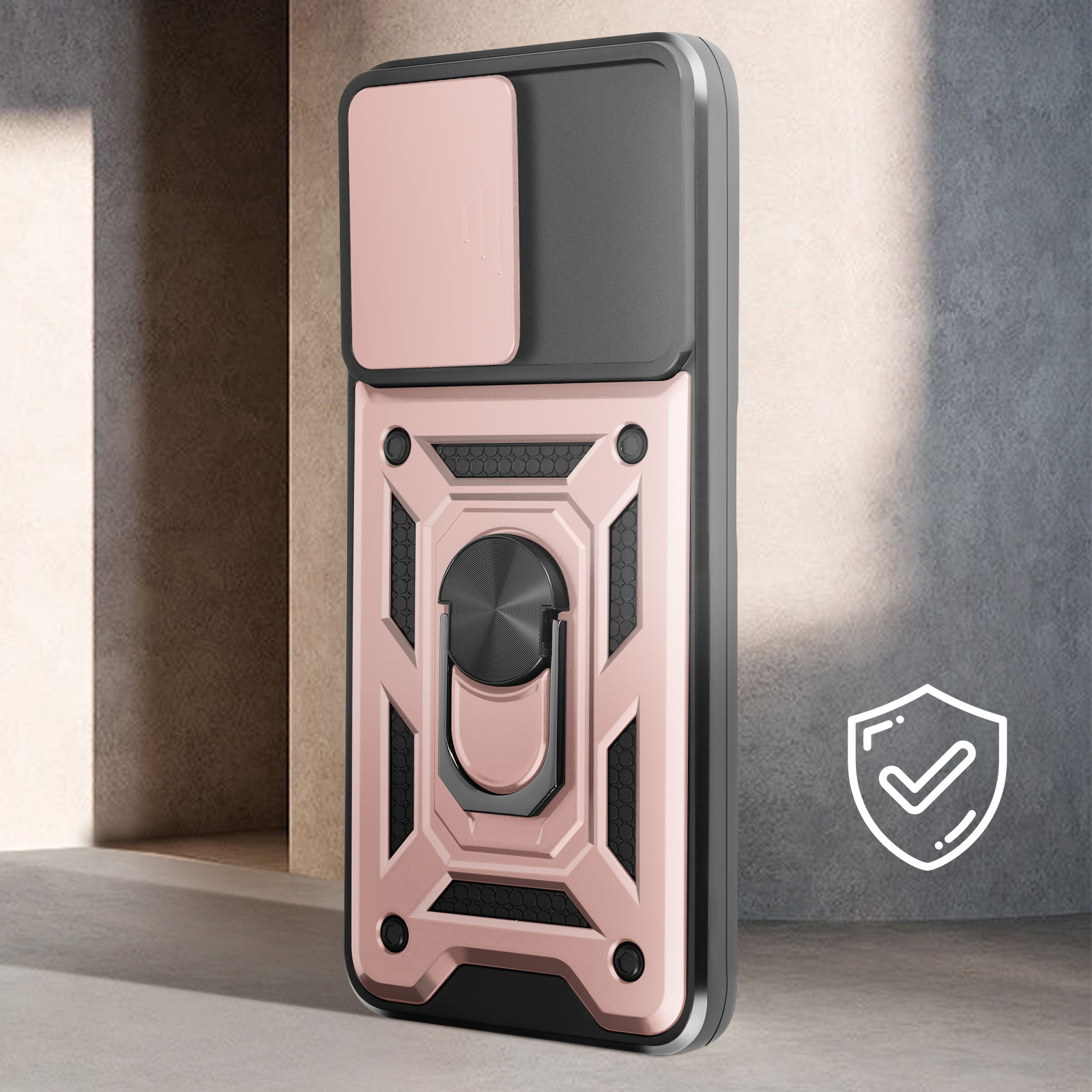 Custodia rosa e nera per telefono con copertura fotocamera e anello.