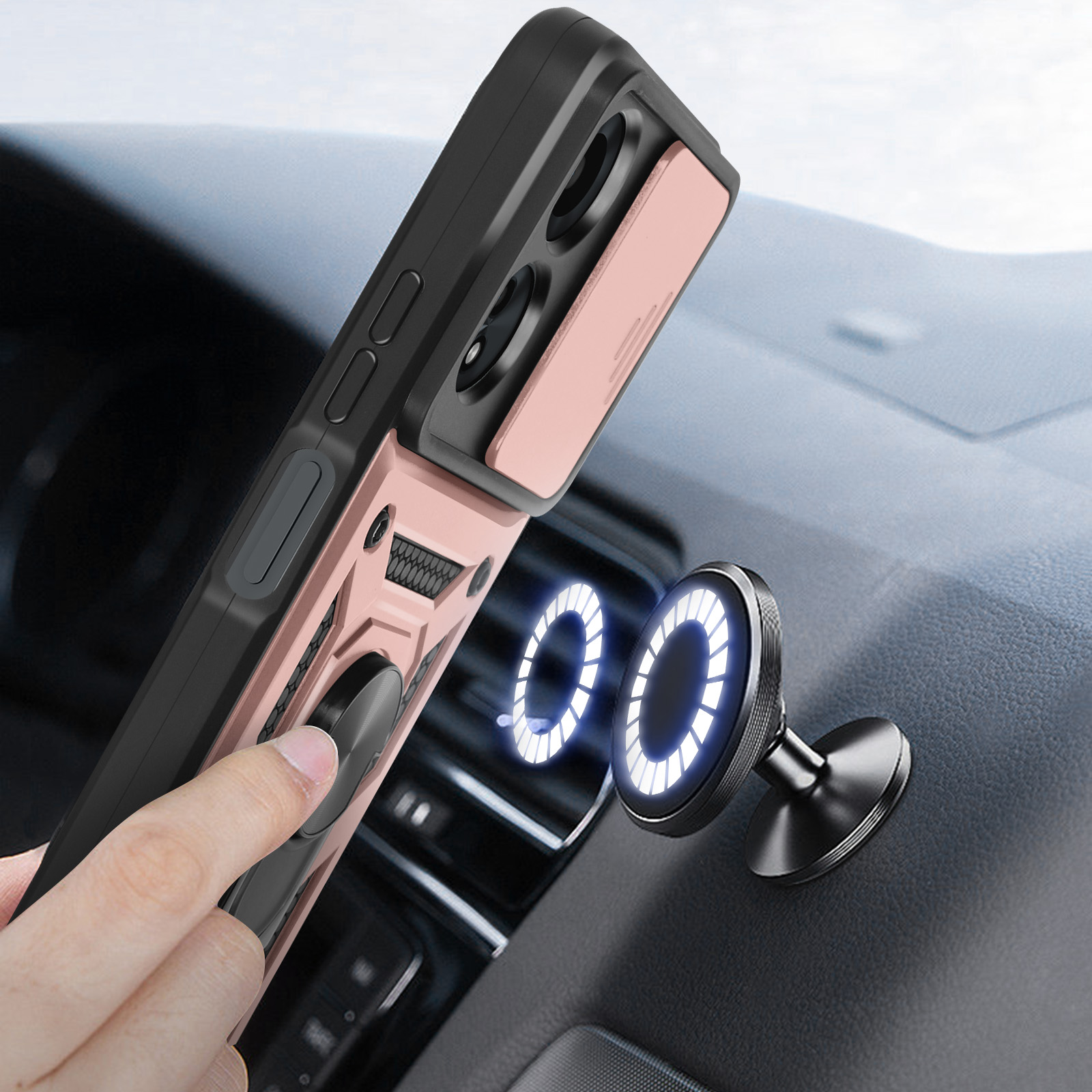 Custodia del telefono montata sul cruscotto dell'auto con caricatore magnetico.