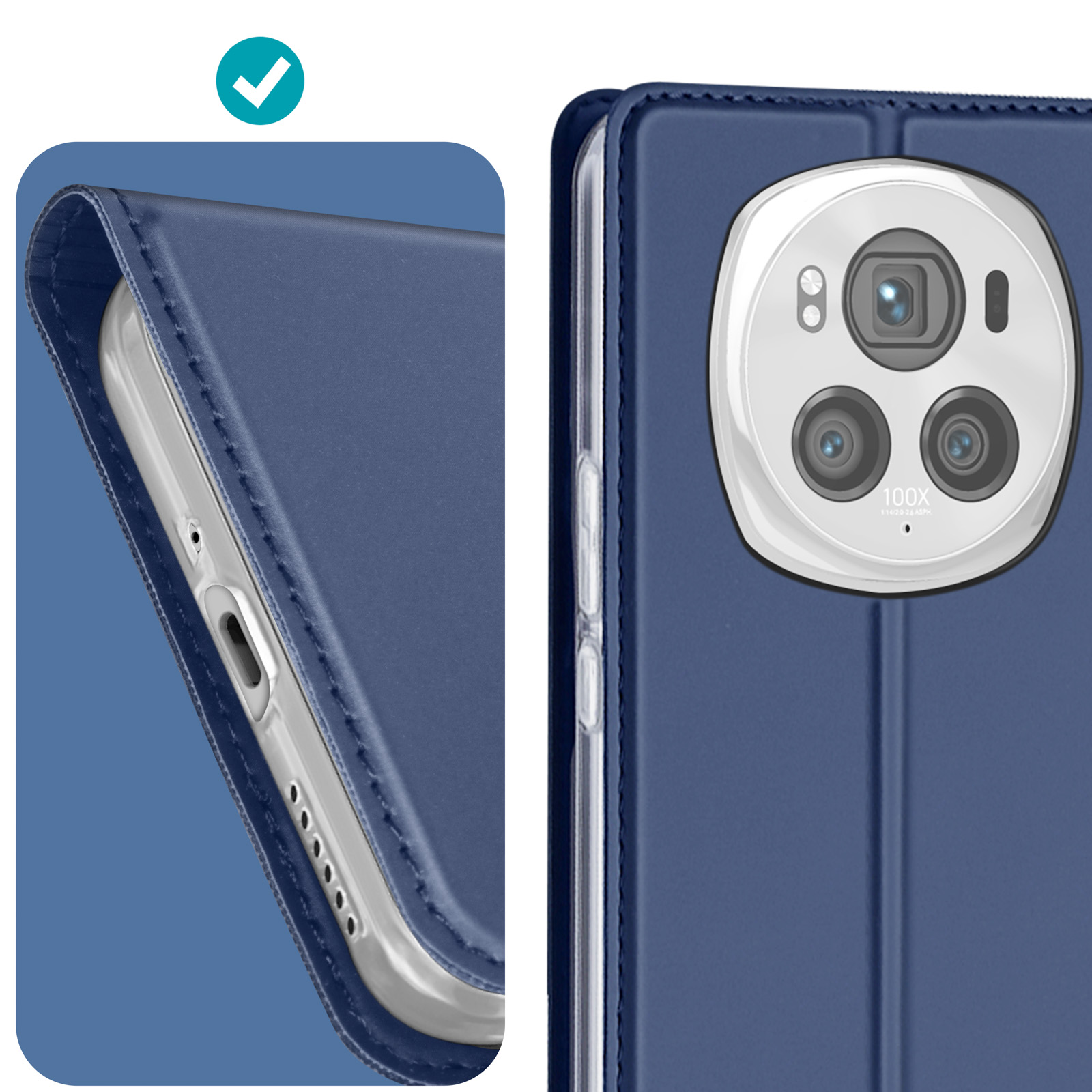 Gros plan sur un étui de téléphone bleu avec découpe de caméra et une coche.