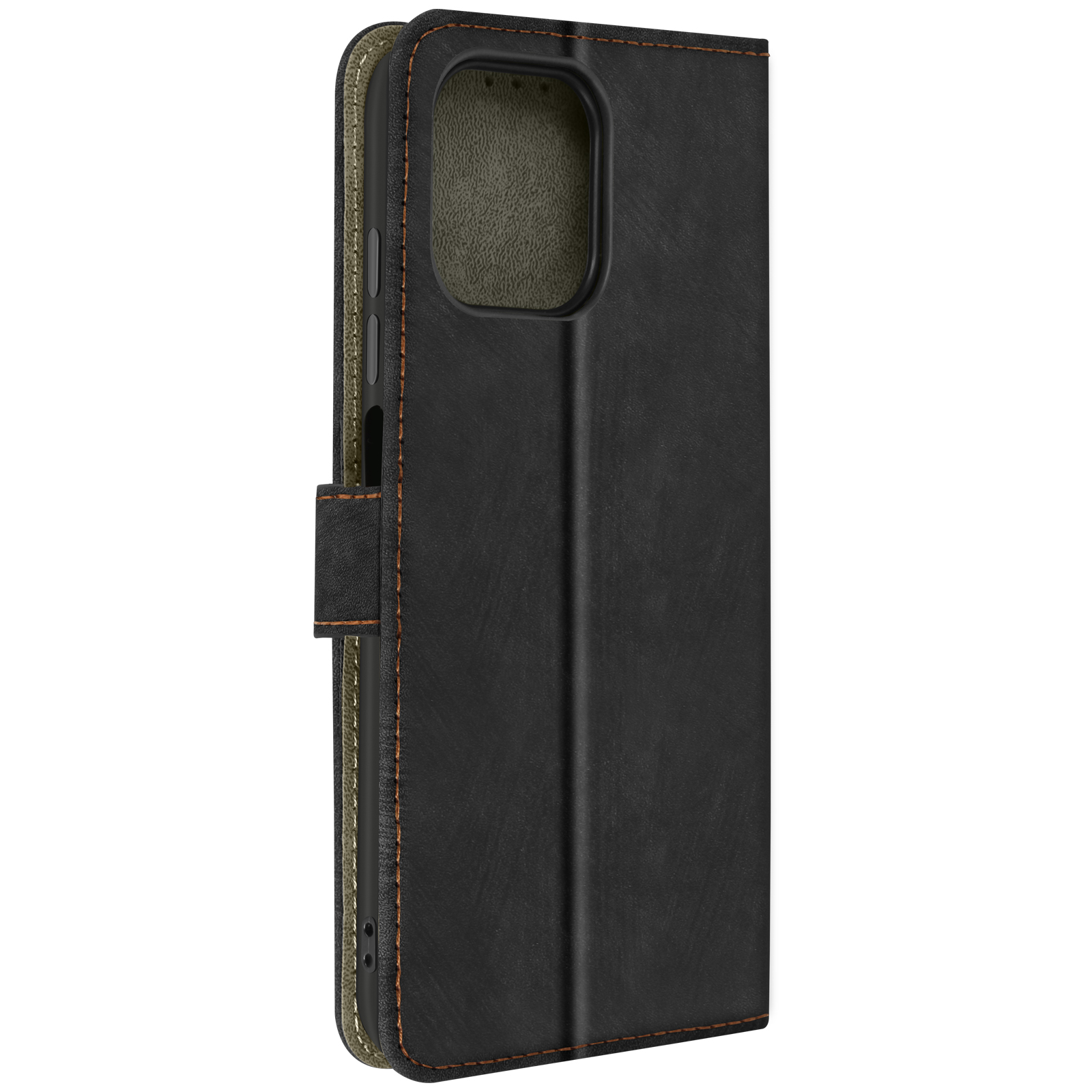 Custodia per telefono in pelle nera. È in stile a portafoglio con una patta che si chiude con una chiusura magnetica.