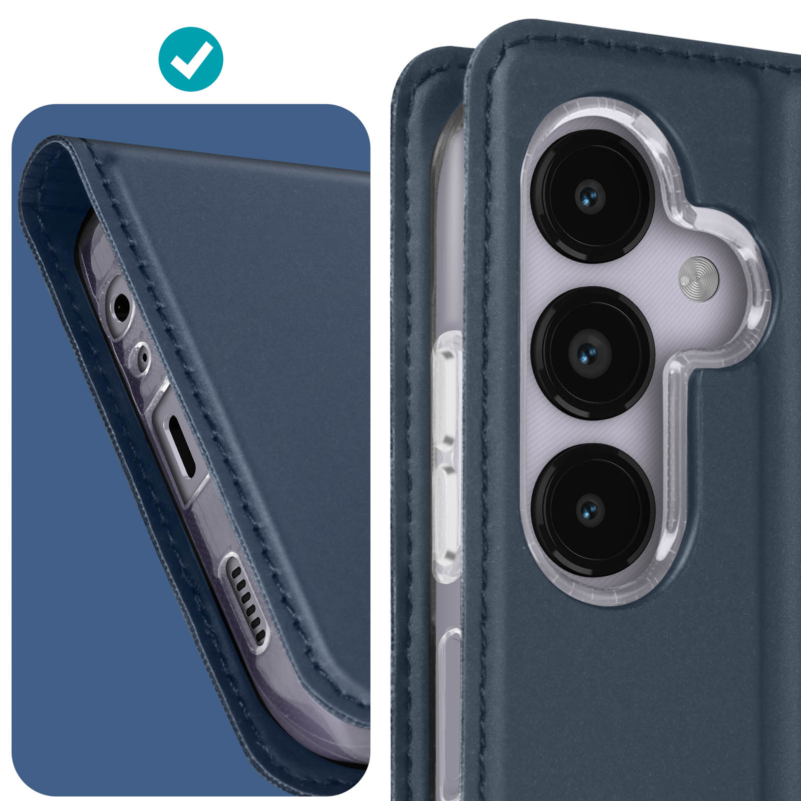 Gros plan sur une coque de téléphone bleue avec un téléphone à l'intérieur. Montre bord et caméras.