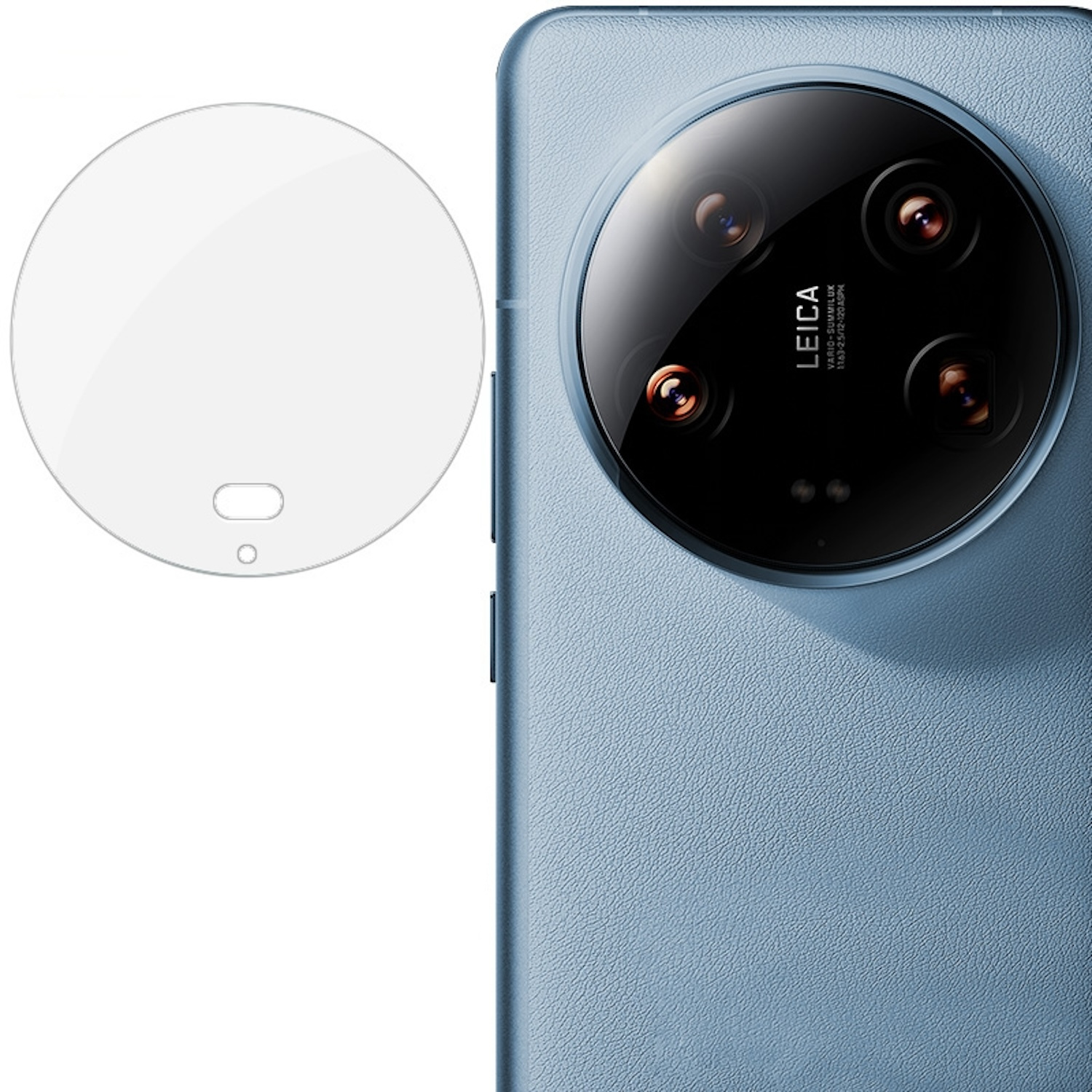 Telefono con protezione lenti. Telefono blu con lenti nere. Un protettore trasparente è a sinistra.