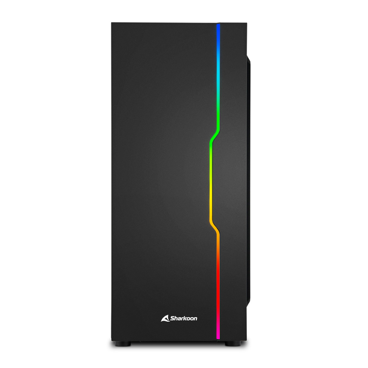 Una torre de computadora negra con una tira de luz LED vertical y colorida en el panel frontal.