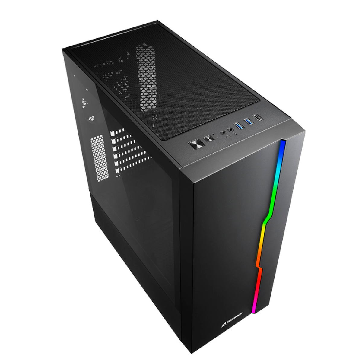 Una caja de computadora negra con un panel lateral de vidrio e iluminación RGB. La caja está sobre una superficie blanca.