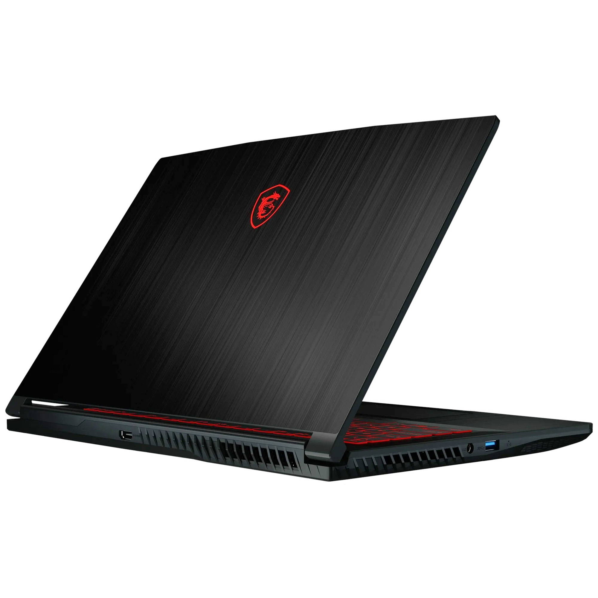 Rückansicht eines schwarzen Laptops, mit roter Tastatur und MSI-Logo auf dem Deckel.