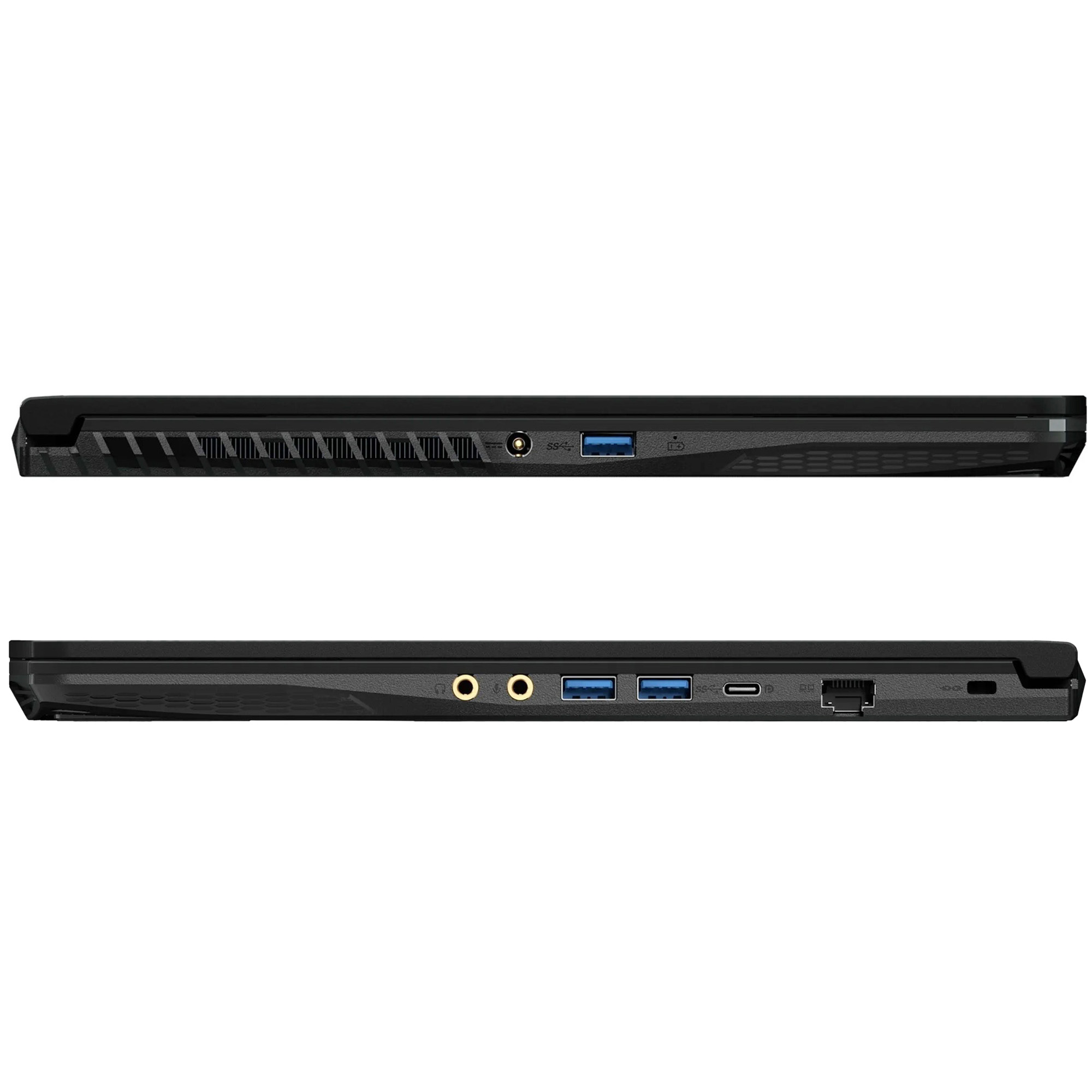Laptop mit Anschlüssen, Rückansicht, schwarze Farbe. Weißer Hintergrund.