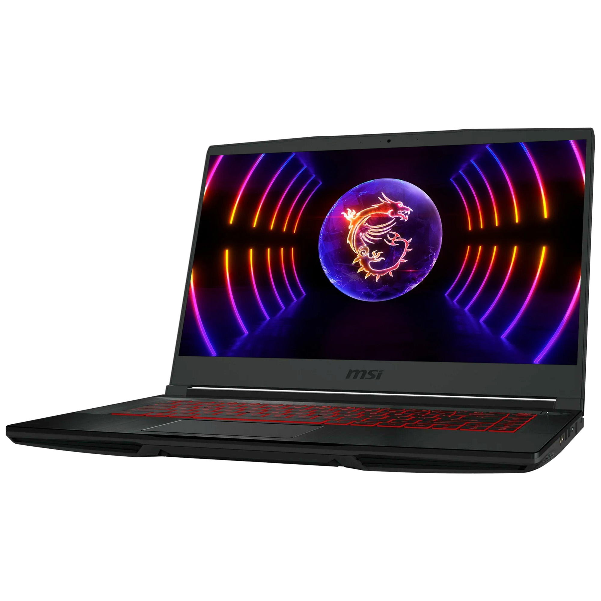 Schwarzer MSI-Laptop mit roter Tastatur. Der Bildschirm zeigt eine Drachengrafik mit Neonlichtern.