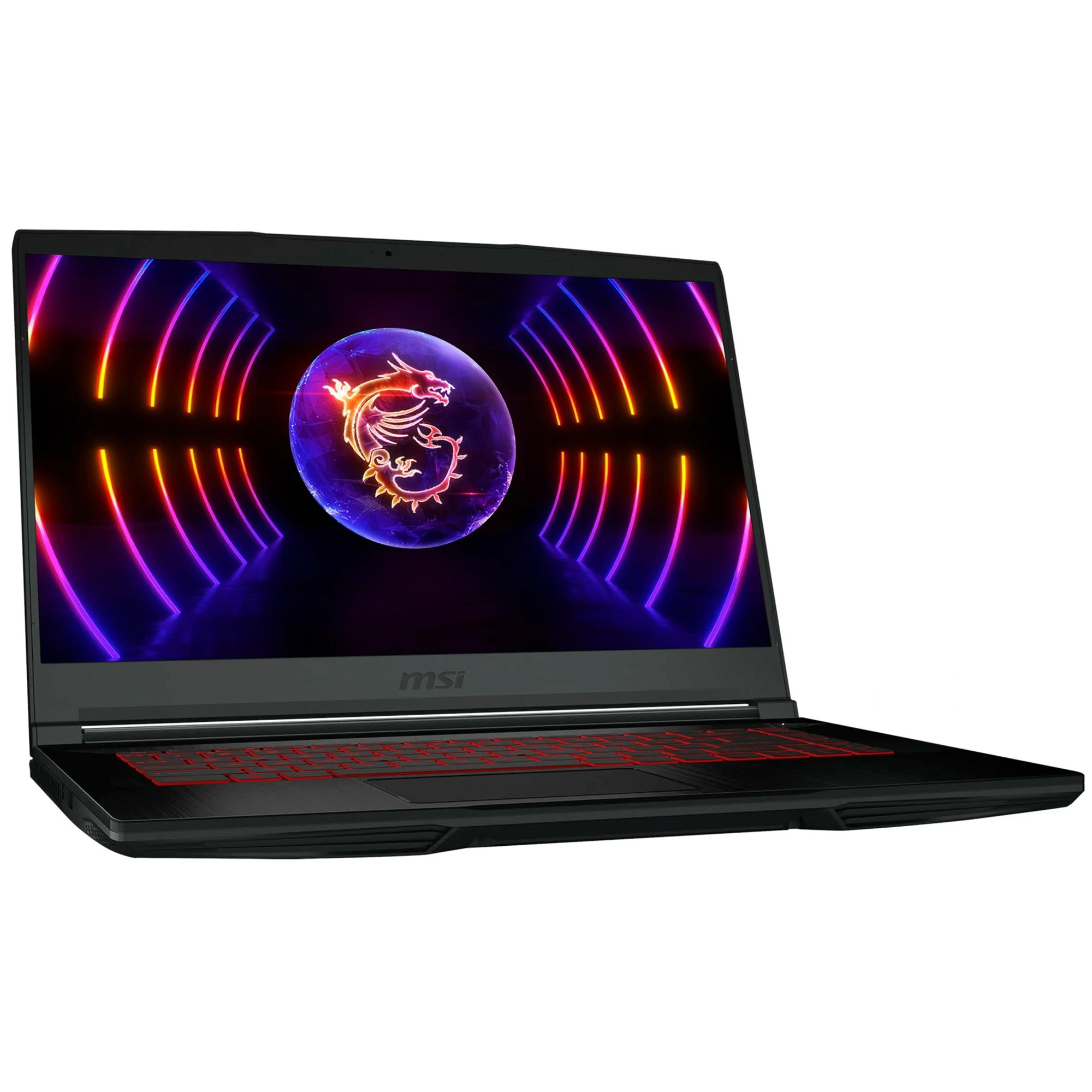 Schwarzer Laptop mit leuchtendem Drachenlogo auf dem Bildschirm. Rot beleuchtete Tastatur. Der Bildschirm zeigt ein farbenfrohes Design.