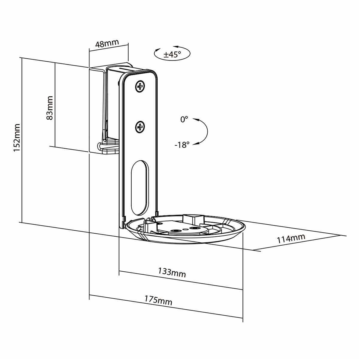 Diagramm, das einen Telefonhalter mit Abmessungen zeigt. Der Halter ist weiß und zur Wandmontage konzipiert.