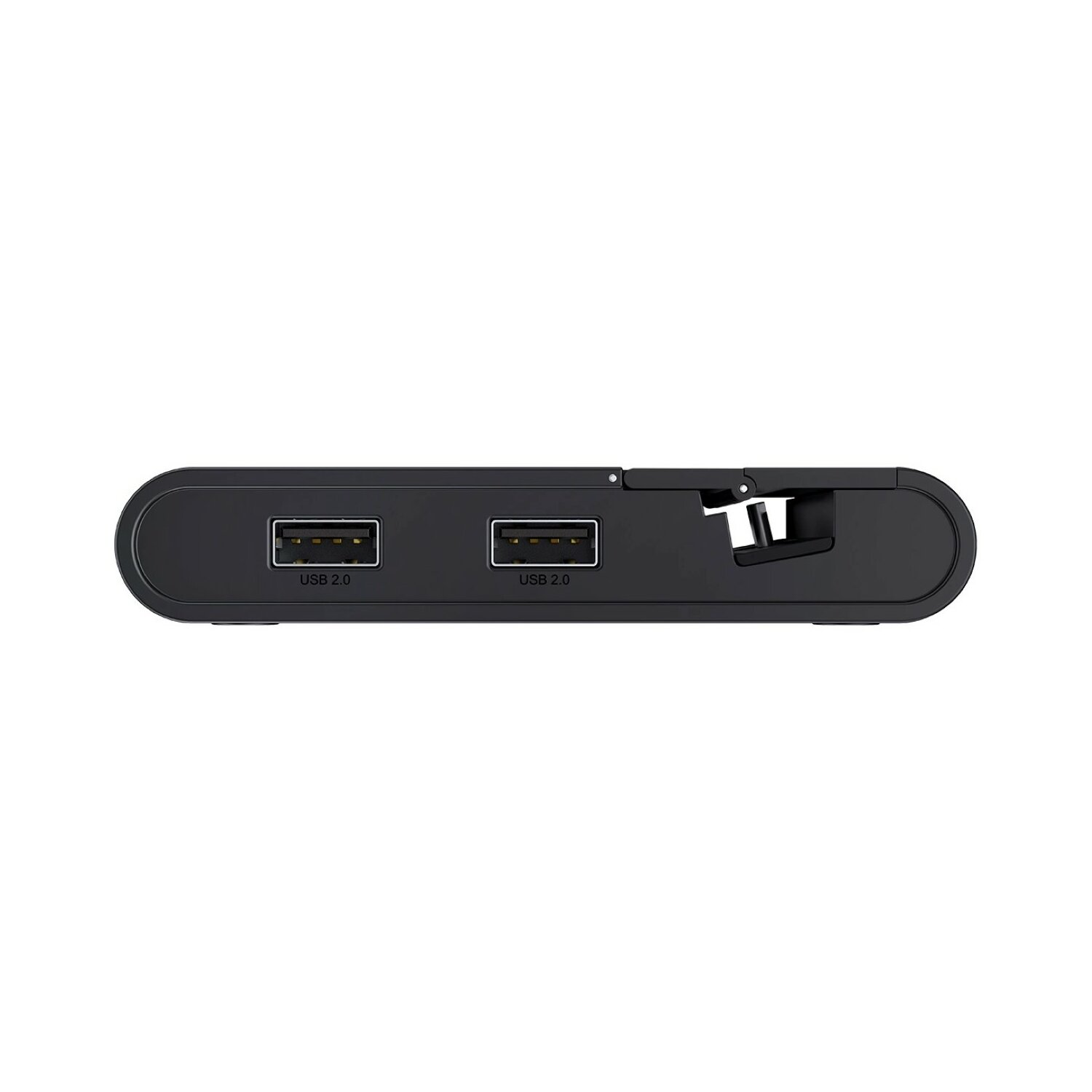 Zwarte USB-hub met twee USB 2.0-poorten en een telefoonstandaard op witte achtergrond.