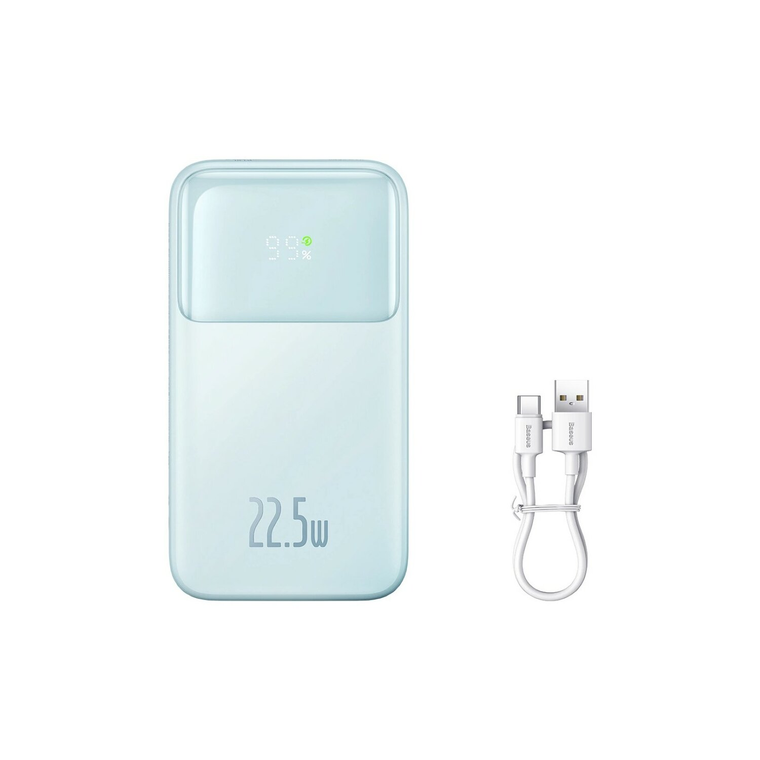 Jasnoniebieski power bank z wyświetlaczem cyfrowym pokazującym 99%. Biały kabel USB-C po prawej stronie.