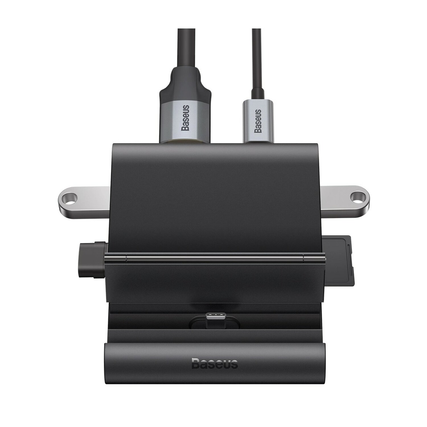 Een zwarte USB-hub met twee aangesloten USB-C-kabels. Het heeft een sleuf voor een kaartlezer.