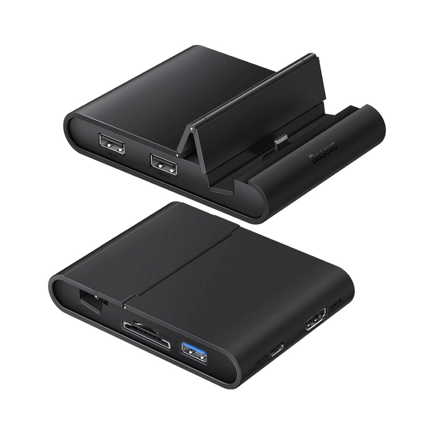 Twee zwarte Baseus docking stations, een met een tablet.