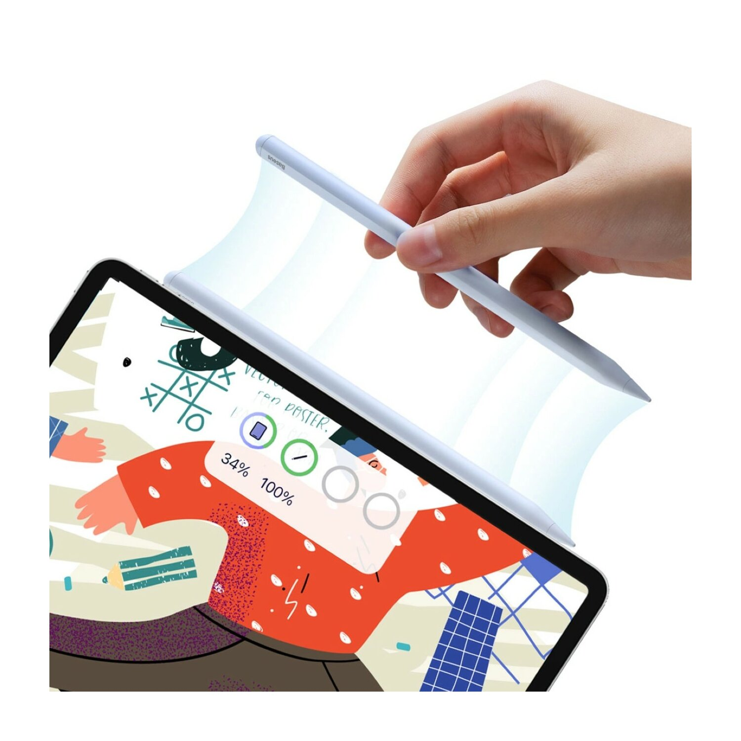 Dłoń trzymająca białe pióro nad ekranem tabletu z interfejsem aplikacji.