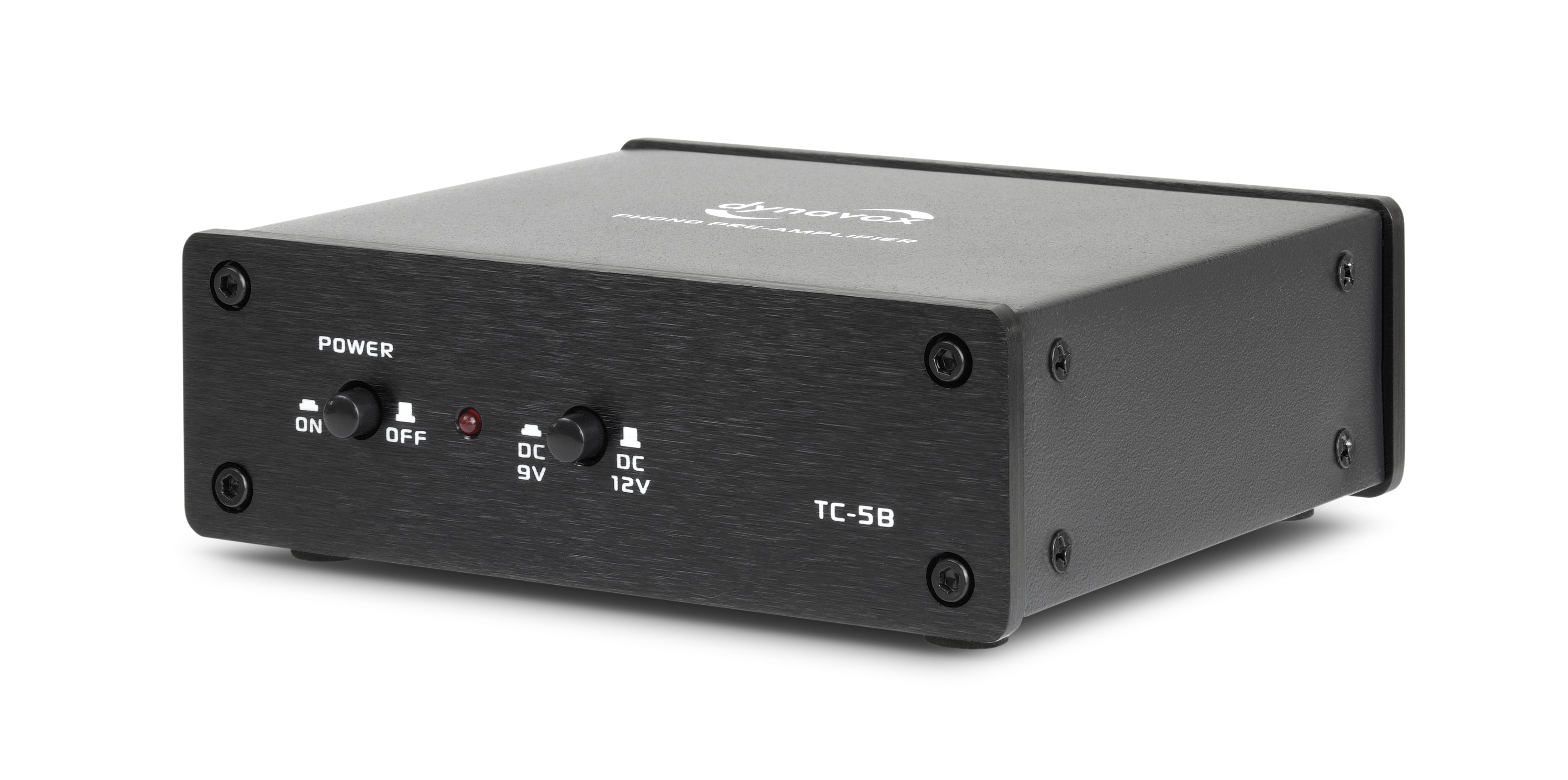 Schwarzer Vorverstärker mit Strom- und DC-Eingängen. Es ist eine kleine schwarze Box.