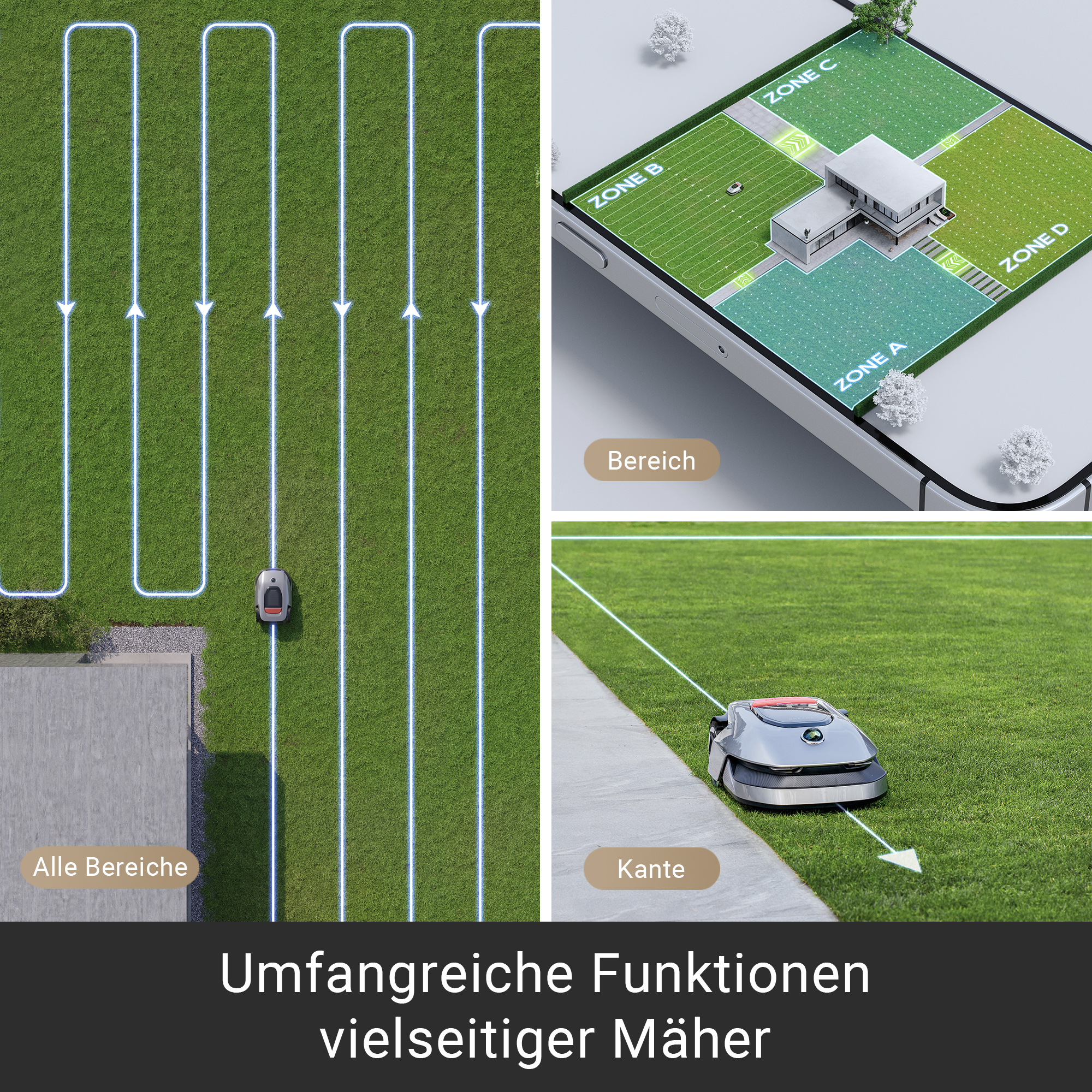 Schemat pokazujący ścieżki kosiarki, telefon z strefami i kosiarkę na trawie.