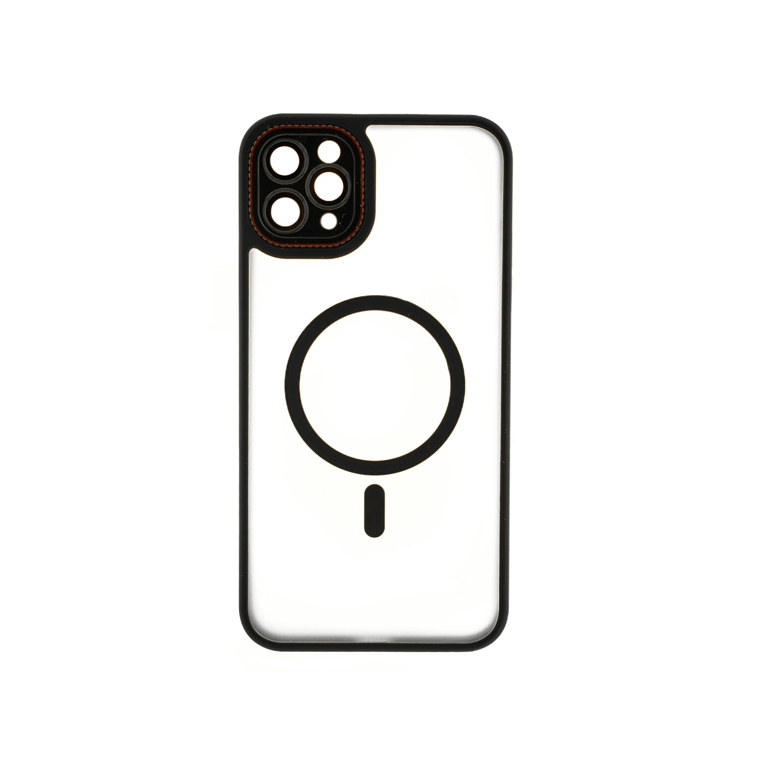 Una custodia trasparente per telefono con bordo nero e design a cerchio nero. Lenti esposte.