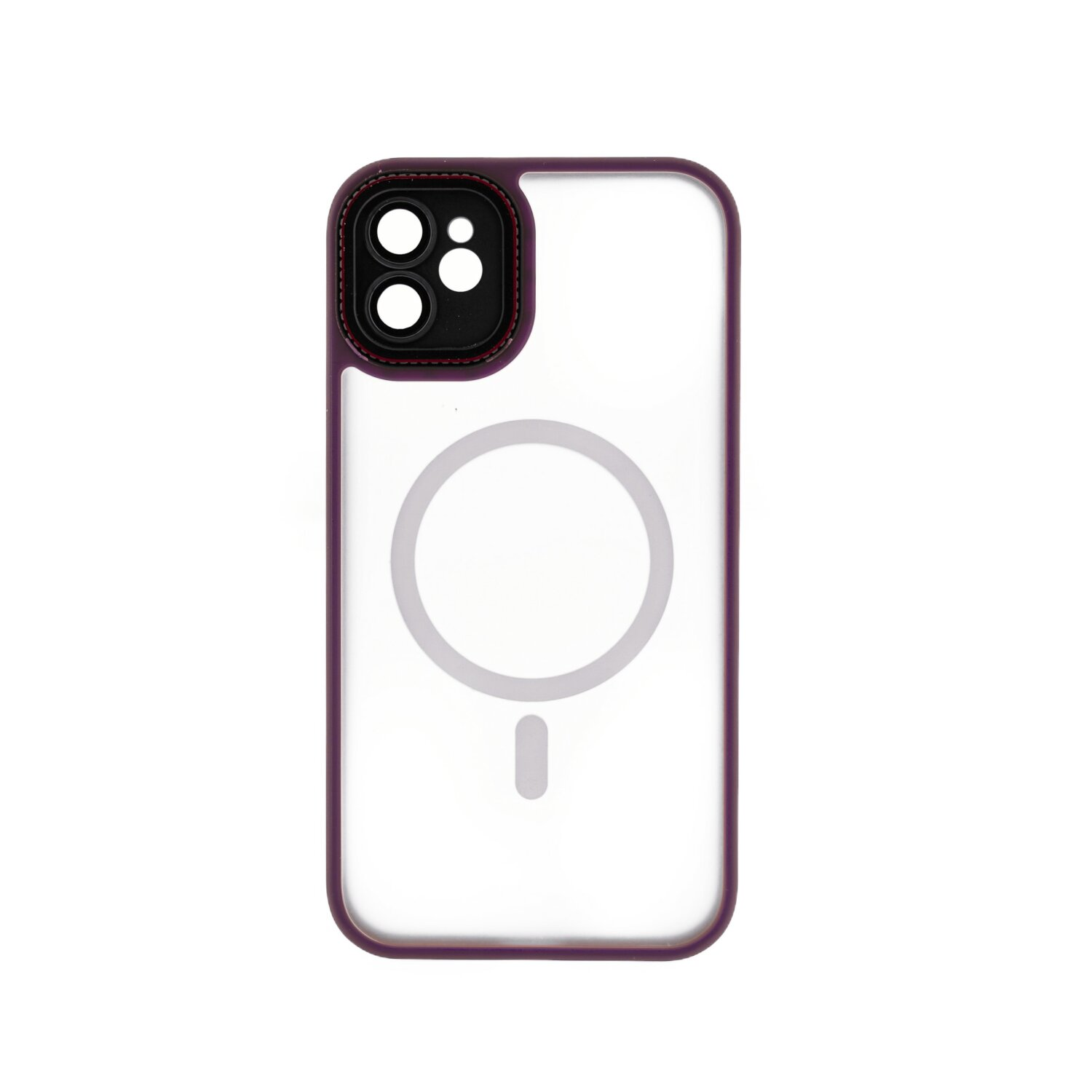 Custodia trasparente per telefono con bordo viola e anello fotocamera rosso, con cerchio bianco.