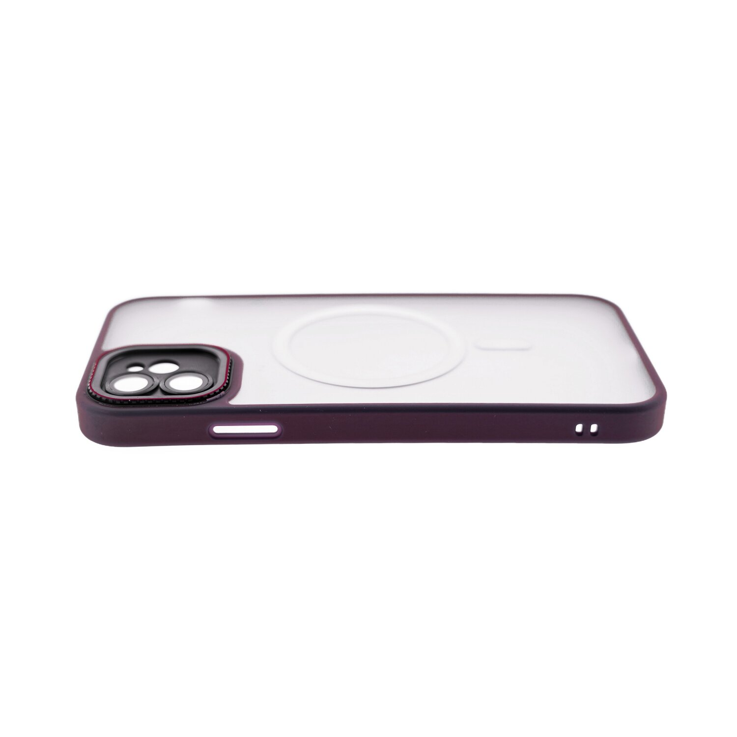 Una custodia trasparente per telefono con un bordo viola, con un cerchio bianco al centro.